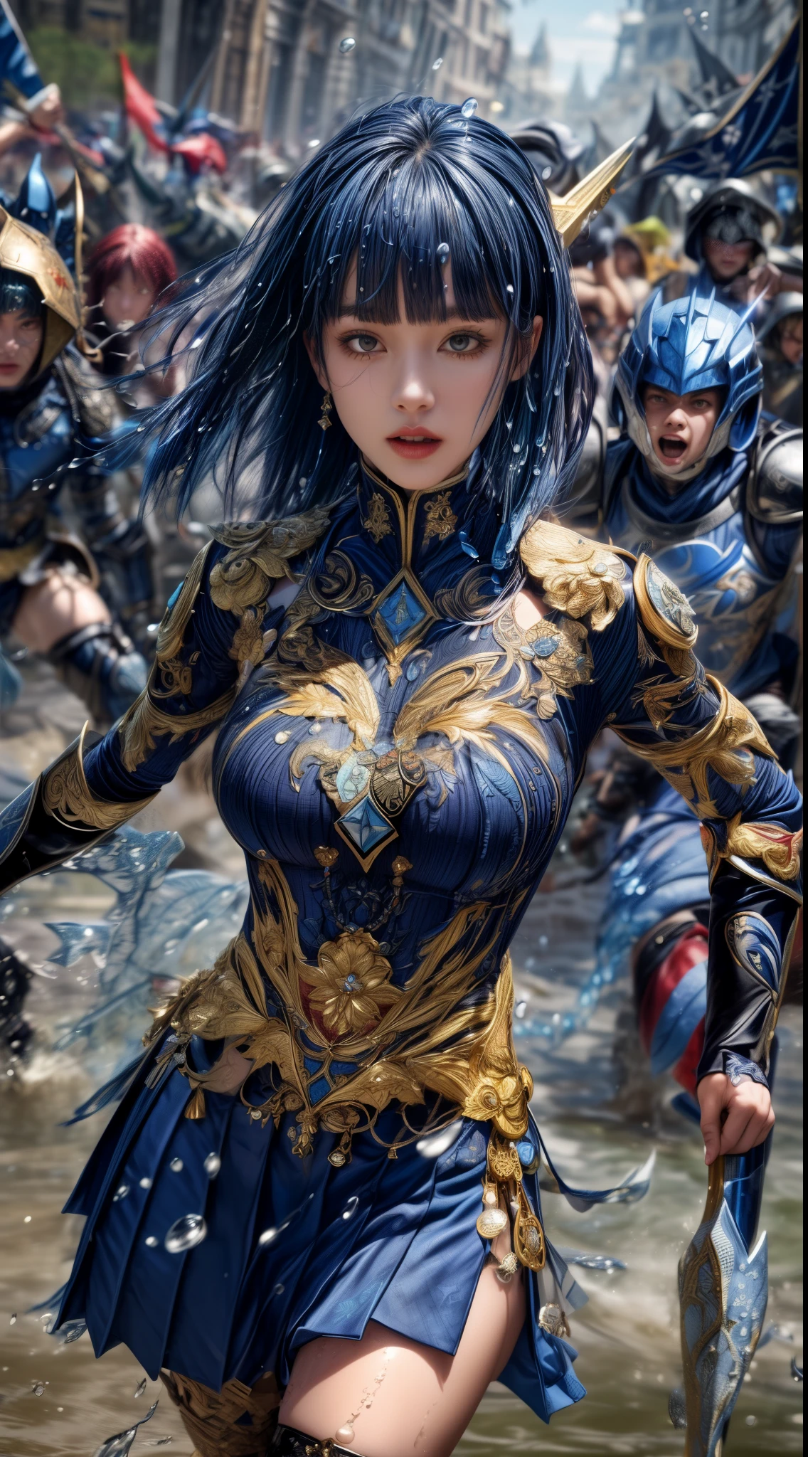 Very beautiful woman、Slender women、(Detailed face)、Realistic Skin、((holy knight)), ((Navy Blue Armor))、((((Black armor with very fine and intricate decoration:1.1))))、((Delicate photo)),(Girl Astepeace RAW Photo Details:1.25), (highest quality:1.6), (超A high resolution:1.5), (Realistic:1.75), 8K resolution, Canon EOS R5, 50mm, Absurd, Ultra-detailed,Cinema Lighting,((battlefield))、((battle))、(((Navy Skirt with Embellishments)))、Thigh-high socks、Shin Guards、((Dark blue hair))、((Bowl cut hairstyle with bangs,))、Get six-pack、Cape、Beautiful Armor、(((Has a huge weapon)))、(In combat)、The wind is blowing、((Symmetrical Armor))、((((Splash))))、(((Leading a large group of blue knights:1.2)))、Round Glasses:1.4、Banner、Armor with a dragon motif、(((Battle Scene)))