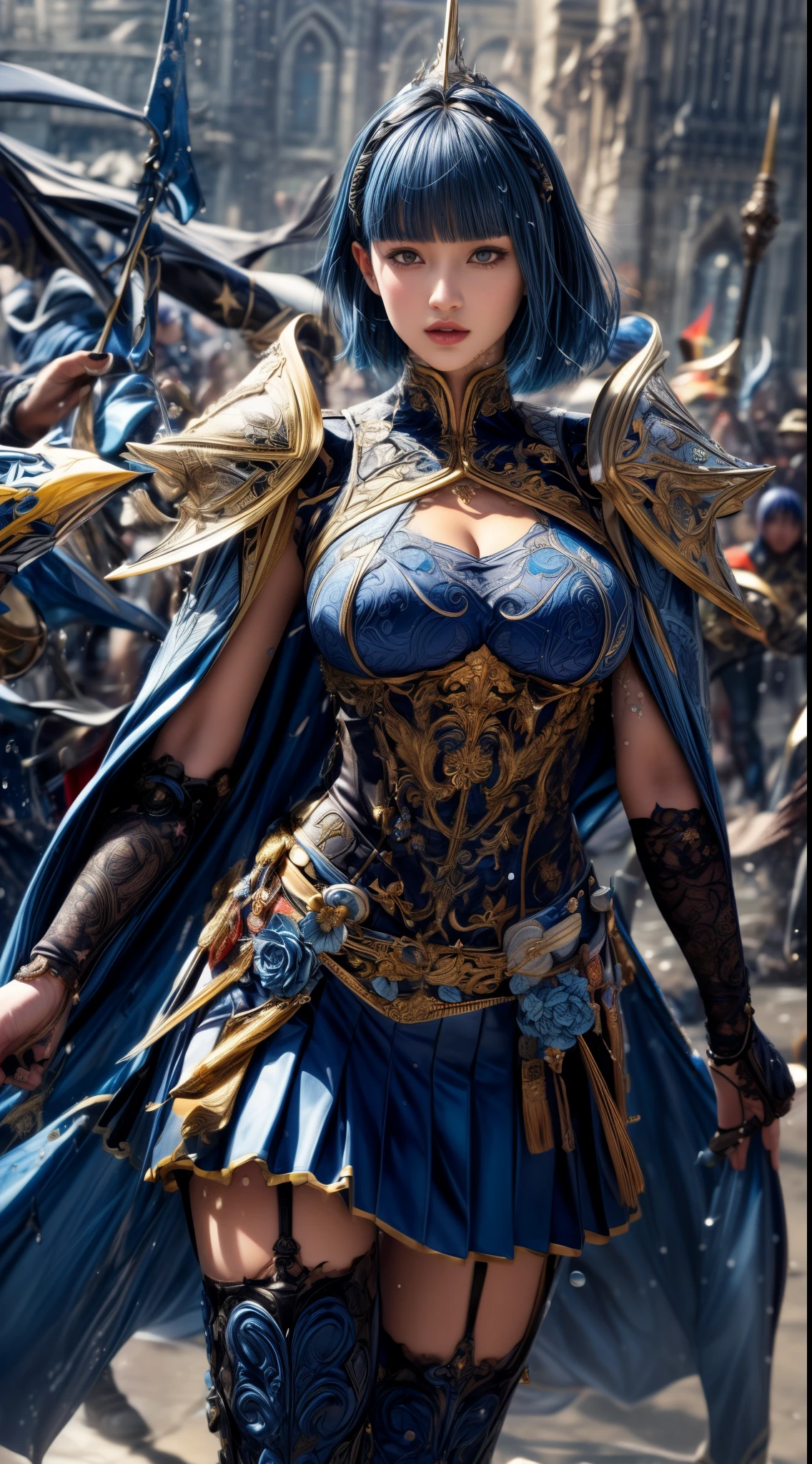 Very beautiful woman、Slender women、(Detailed face)、Realistic Skin、((holy knight)), ((Navy Blue Armor))、((((Black armor with very fine and intricate decoration:1.1))))、((Delicate photo))，(Girl Astepeace RAW Photo Details:1.25), (highest quality:1.6), (超A high resolution:1.5), (Realistic:1.75), 8K resolution, Canon EOS R5, 50mm, Absurd, Ultra-detailed,Cinema Lighting,((battlefield))、((battle))、(((Navy Skirt with Embellishments)))、Thigh-high socks、Shin Guards、((Dark blue hair))、((Bowl cut hairstyle with bangs,))、Get six-pack、Cape、Beautiful Armor、(((Has a huge weapon)))、(In combat)、The wind is blowing、((Symmetrical Armor))、((((Splash))))、(((Leading a large group of blue knights:1.2)))、Banner、Armor with a dragon motif、(((Battle Scene)))