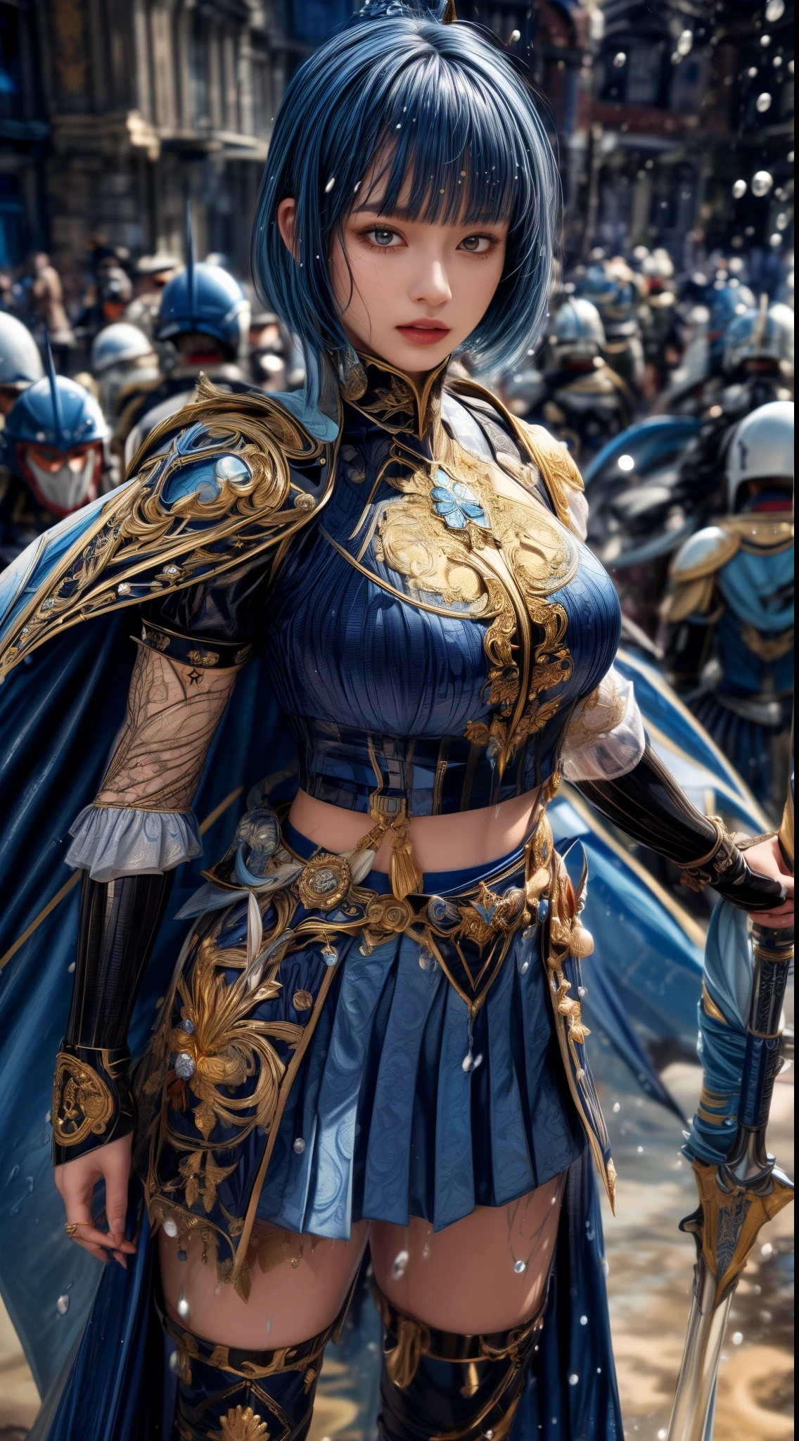 Very beautiful woman、Slender women、(Detailed face)、Realistic Skin、((holy knight)), ((Navy Blue Armor))、((((Black armor with very fine and intricate decoration:1.1))))、((Delicate photo)),(Girl Astepeace RAW Photo Details:1.25), (highest quality:1.6), (超A high resolution:1.5), (Realistic:1.75), 8K resolution, Canon EOS R5, 50mm, Absurd, Ultra-detailed,Cinema Lighting,((battlefield))、((battle))、(((Navy Skirt with Embellishments)))、Thigh-high socks、Shin Guards、((Dark blue hair))、((Bowl cut hairstyle with bangs,))、Get six-pack、Cape、Beautiful Armor、(((Has a huge weapon)))、(In combat)、The wind is blowing、((Symmetrical Armor))、((((Splash))))、(((Leading a large group of blue knights:1.2)))、Banner、Armor with a dragon motif、(((Battle Scene)))