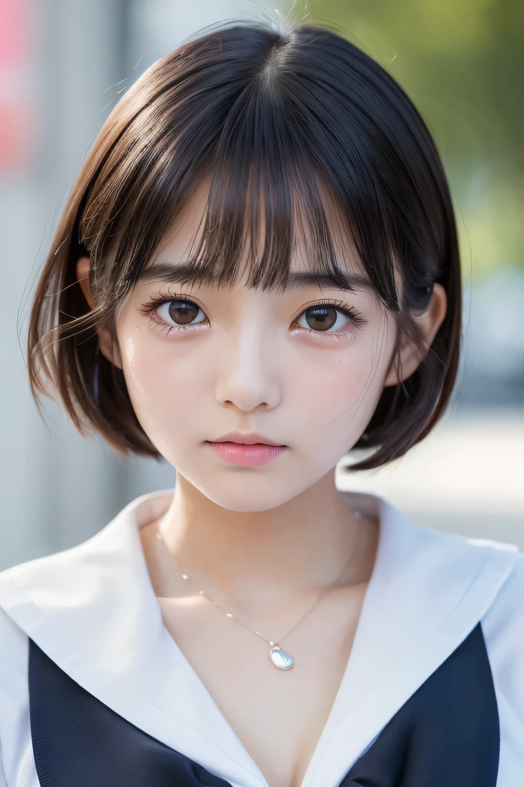 (1 Girl)、(Beautiful Japanese、18years old,round face、Refreshing、clear、seems kind、stylish、Pitiful、cute like an angel、cute、black eyes、,actress,Almond-shaped eyes,Translucent white skin、Beautiful skin), Good style , (((Beautiful big breasts:1.2))),(((soft breasts))),(very cute),(Black hair),(short bob hair),(enchanting eyes),(highlight on eyes:1.2)、(8K、Live shooting、highest quality、masterpiece:1.2、optimal lighting)、((masterpiece)),(Photo taken by a professional photographer),(real、photo real:1.4),break,{ (Japanese high school sailor uniform),((Cute Sailor Suit))},(tears:1.4))(cheeks are red:1.2), break, break,Old abandoned hospital,Face shot:1.3、looking at viewer, face close-up,Looking up、Cleavage:1.5、Peering in with a worried look on his face。(((Looking back))),Gazing at the audience,From below