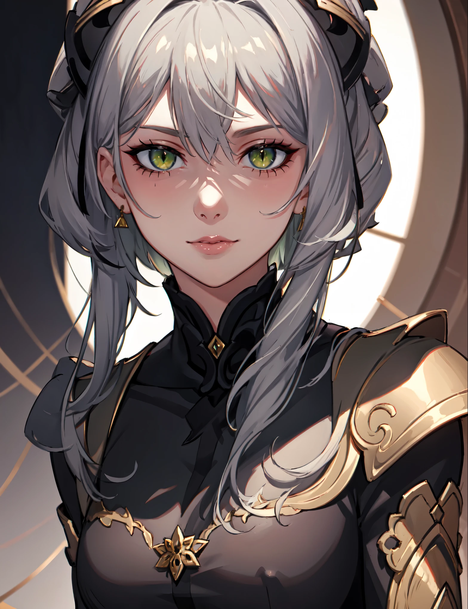masterpiece, best quality, mature female, (face focus:1.4), snake eyes, (close-up:0.5), large eyes, green eyes, naughty face, smile, closed mouth, lips, portrait, grey hair, (closed mouth)