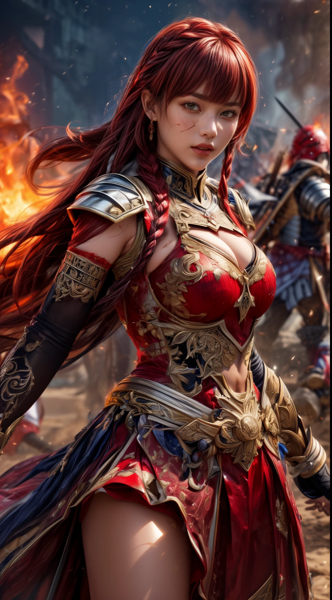 Very beautiful woman、Slender women、(Detailed face)、Realistic Skin、((Knight of Fire)), (((Red Armor:1.25)))、((((A black armor with extremely detailed and intricate decoration.))))、((Delicate photo))，(Girl Astepeace RAW Photo Details:1.25), (Highest quality:1.6), (Ultra-high resolution:1.5), (Realistic:1.75), 8K resolution, Canon EOS R5, 50mm, Absurd, Super detailed,Cinema Lighting,Battlefields of Medieval Europe、((Fight))、RPG World、Final Fantasy、(((Decorative skirt)))、Thigh-high socks、Shingard、night、Pink Hair、((Bangs are too long))、((Long, thick pink braids))、Get a six pack、Torn Cloak、Beautiful Armor、(((Giant Sword)))、In combat、The wind is blowing、(((Flames covering the area)))、(((Leading a large group of red knights)))、(((Knight Commander)))、Armor with a phoenix motif、((flames of fire))、(((Battle Scenes)))、((Browsing Caution:1.2))、(((I can see her panties:1.4)))、、((Skirt lift in the wind))