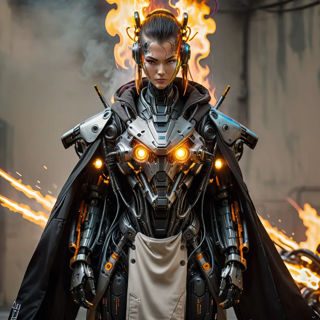 cyberpunk flame suit, flaming guns on hands, complex robot body