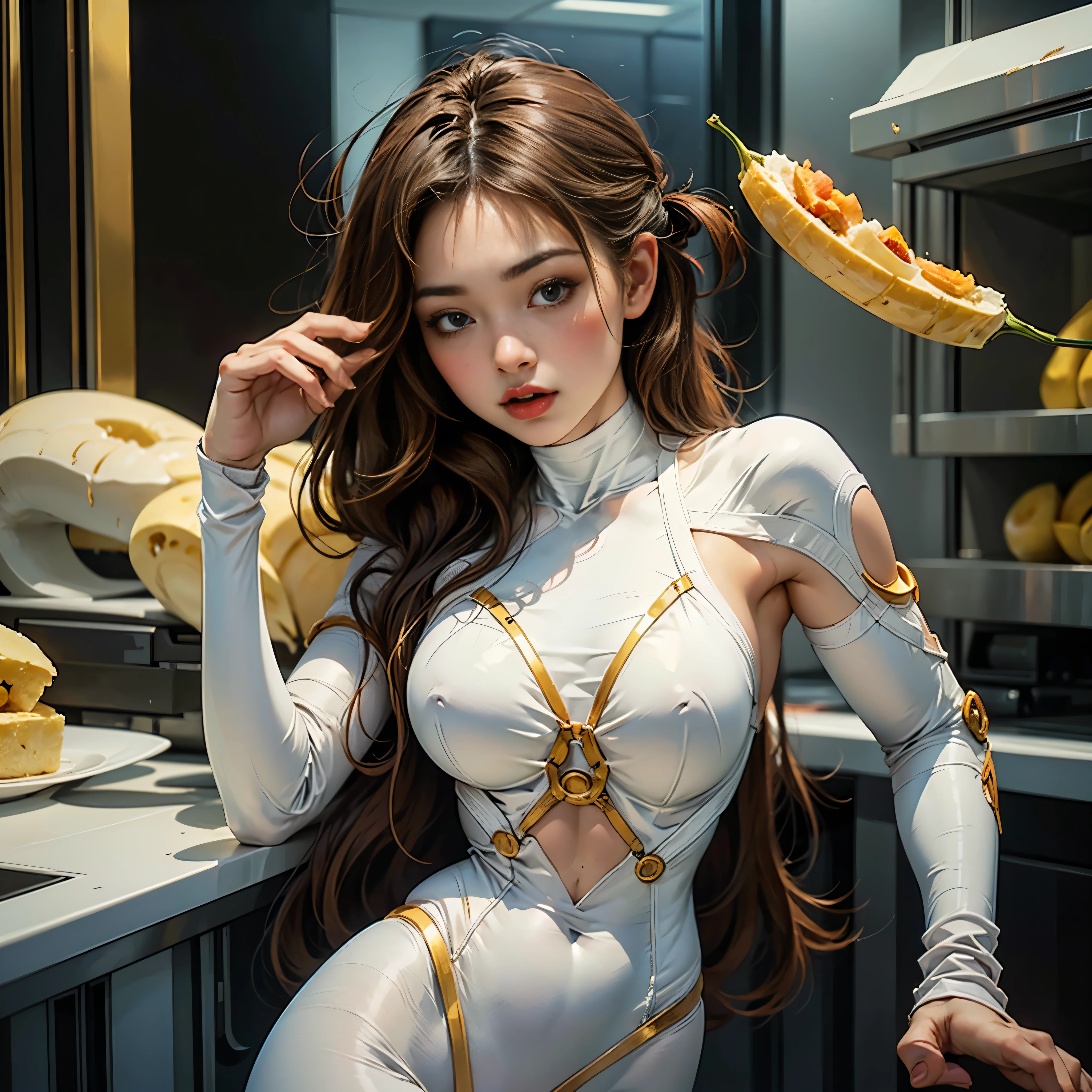 Young and stunningly beautiful woman、Medium Full Portrait、(Wearing white tights:1.3)、(Anatomically correct body structure:1.5)、(Anatomically correct fingers:1.5)、Eating a banana