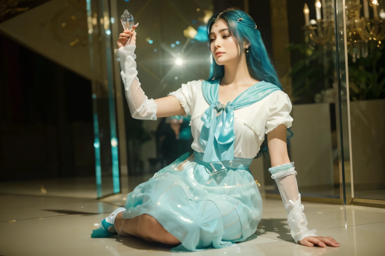 (Best quality, 8k, 32k, Masterpiece, UHD:1.2) "Imagine the stunning and ethereal Crystal Palace from the world of Sailor Moon. Describe an awe-inspiring palace made entirely of crystal, towering majestically in the center of Crystal Tokyo. The palace glows with a radiant, otherworldly light, reflecting and refracting the colors of the rainbow through its transparent walls and spires.
The architecture is a blend of futuristic design and regal elegance, with tall, slender towers that reach towards the sky and intricate detailing that glistens like diamonds. The main hall of the palace is a vast, open space with high ceilings and grand chandeliers made of crystal that cast shimmering light across the room. The floors are smooth and mirror-like, creating a sense of endless space and light.
Surrounding the palace are lush gardens filled with vibrant, otherworldly flora that bloom in the presence of the palace's magic. Fountains of crystal-clear water create soothing sounds, and pathways made of crystalline stones lead visitors through the gardens to the palace entrance.
Inside the palace, rooms are adorned with delicate crystal furnishings and soft, glowing light that creates a serene and peaceful atmosphere. The throne room, where Neo-Queen Serenity and King Endymion preside, is the heart of the palace, featuring a grand throne made of the purest crystal and surrounded by shimmering curtains and elegant décor.
Describe the daily life within the Crystal Palace, the activities of its royal inhabitants, and the interactions between the Sailor Guardians as they protect and govern Crystal Tokyo. Highlight the sense of peace, beauty, and magic that permeates the palace, making it a symbol of hope and prosperity in the Sailor Moon universe."