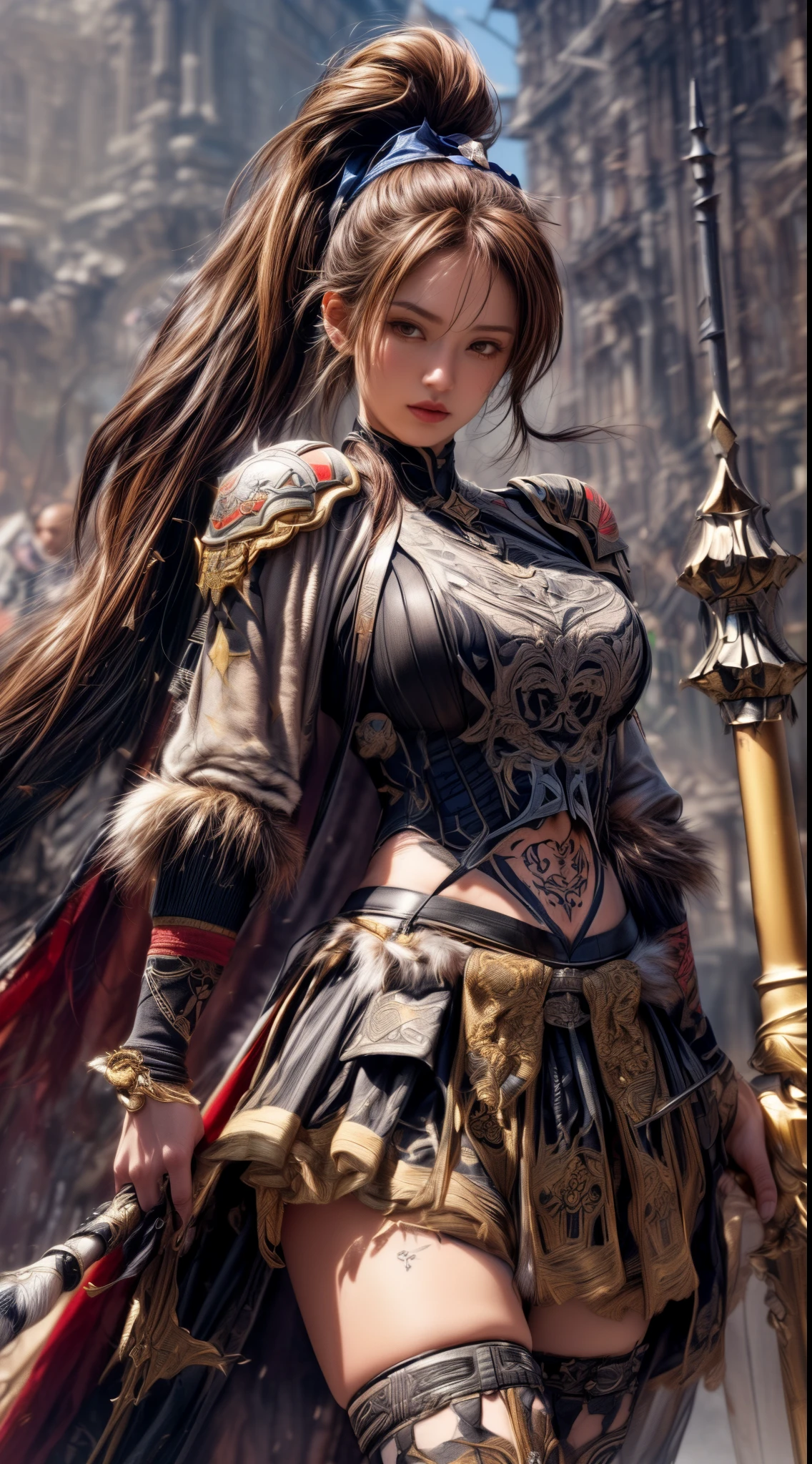 Very beautiful woman、Very tall woman、((muscle))、(Detailed face)、Realistic Skin、((Knights of the Earth)), (((Light brown and black armor:1.25)))、((((非常に繊細で装飾が施されたLight brown and black armor))))、((Delicate photo))，(Girl Astepeace RAW Photo Details:1.25), (highest quality:1.6), (超A high resolution:1.5), (Realistic:1.75), 8K resolution, Canon EOS R5, 50mm, Absurd, Ultra-detailed,Cinema Lighting,Battlefields of Medieval Europe、((battle))、RPG World、Final Fantasy、(((Embellished skirt)))、Thigh-high socks、Shin Guards、night、((((Messy center parted high ponytail))))、((Get six-pack))、Torn Cloak、((Beautiful Armor))、(((Huge weapons)))、In combat、The wind is blowing、(((Leading a large group of knights:1.3)))、(((Knight Commander)))、(Banner)、Great Ape Emblem、(((Light brown as the main color)))、(((black tribal tattoo)))、Dust、(((Wearing fur)))、(Rocky area)、(((Battle Scene)))