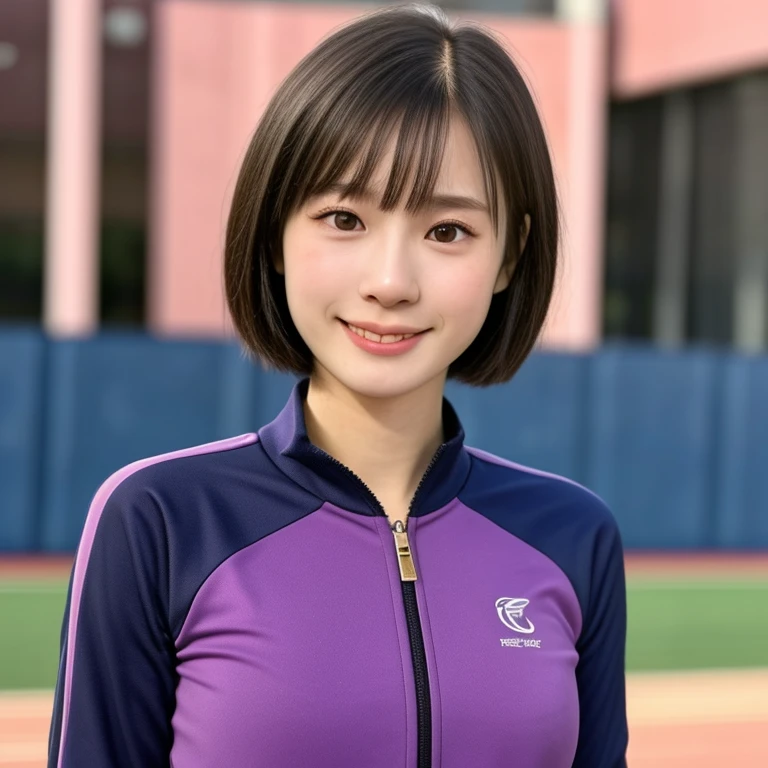 (kawaii 24 year-old Japanese girl, Nogizaka idol, Korean idol, track and field player), healthy female athlete body, glossy black hair, (very short hair, bangs:1.2), beautiful black eyes, rounded face, single eyelid, (no makeup:1.2), (big laughing), (light pink half zipped track suits:1.3), extra small breasts, BREAK, (track and field stadium background, summer sunlights:1.2), (dynamic angle, bust shot:1.2), BREAK, (masterpiece, best quality, photo realistic, official art:1.4), (UHD, 8K quality wallpaper, high resolution, raw photo, golden ratio:1.3), (shiny skin), professional lighting, physically based rendering, award winning, (highly detailed skin texture, extremely detailed face and eyes textures), Carl Zeiss 85 mm F/1.4, depth of field, (1girl, solo),