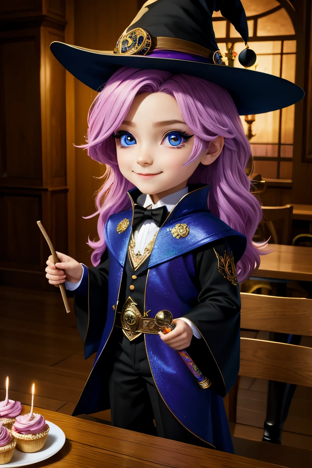 Masterpiece, best quality, wizard tea party, chibi, handsome male witch, beautiful witch, highly detailed realistic eyes, happy, vibrant, colorful,