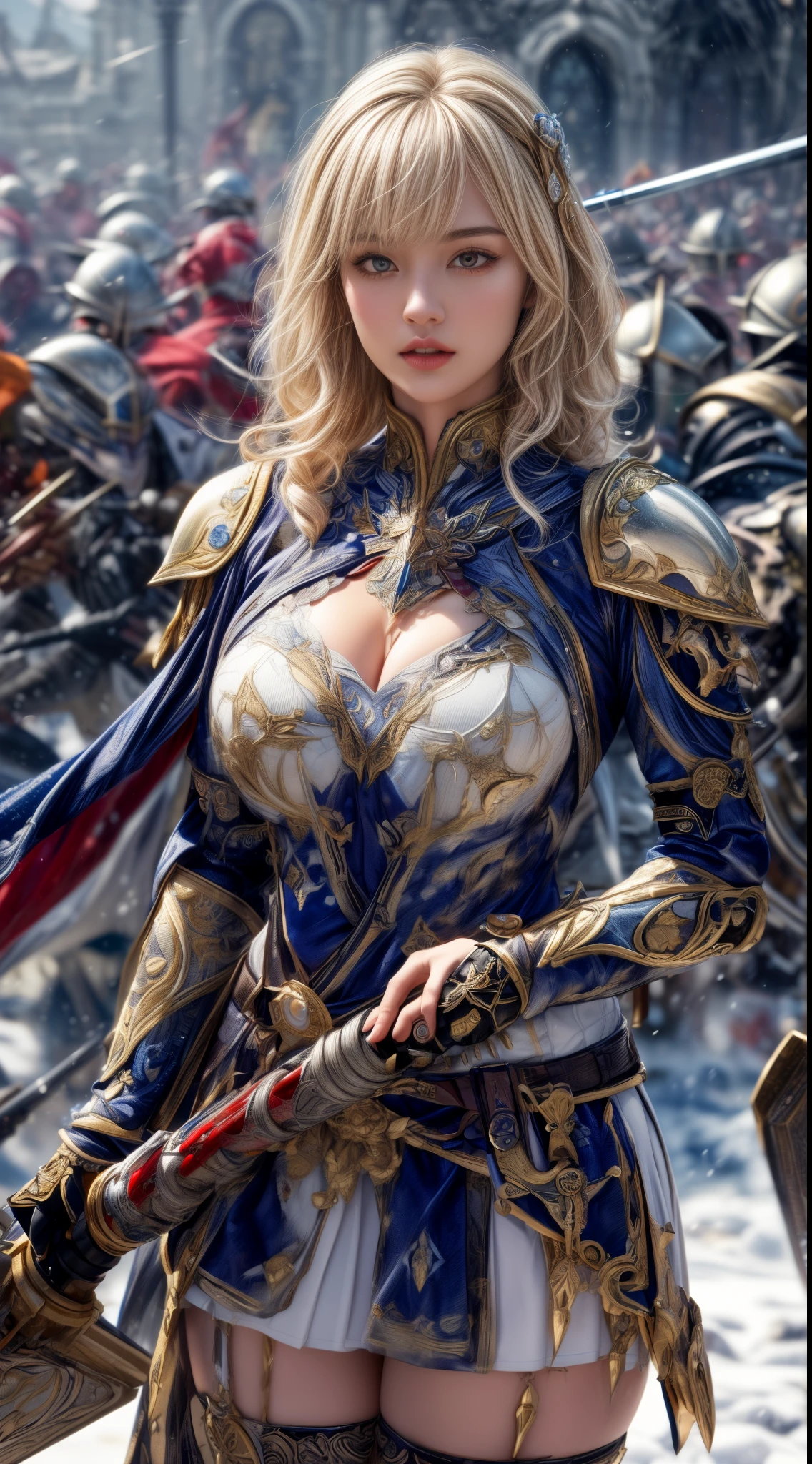 Very beautiful woman、Slender women、(Detailed face)、Realistic Skin、((holy knight)), ((Pearl White Armor))、((((Black armor with very fine and intricate decoration:1.1))))、((Delicate photo))，(Girl Astepeace RAW Photo Details:1.25), (highest quality:1.6), (超A high resolution:1.5), (Realistic:1.75), 8K resolution, Canon EOS R5, 50mm, Absurd, Ultra-detailed,Cinema Lighting,((battlefield))、((battle))、(((White skirt with embellishments)))、Thigh-high socks、Shin Guards、((Blonde))、((Curly Hair))、((Drill Hair))、((Wavy short hair with bangs,))、Get six-pack、Cape、Beautiful Armor、(((Has a huge weapon)))、(In combat)、The wind is blowing、((Symmetrical Armor))、((((Blizzard))))、(((Leading a large group of knights:1.2)))、Banner、Armor with a snow and ice motif、(((Battle Scene)))