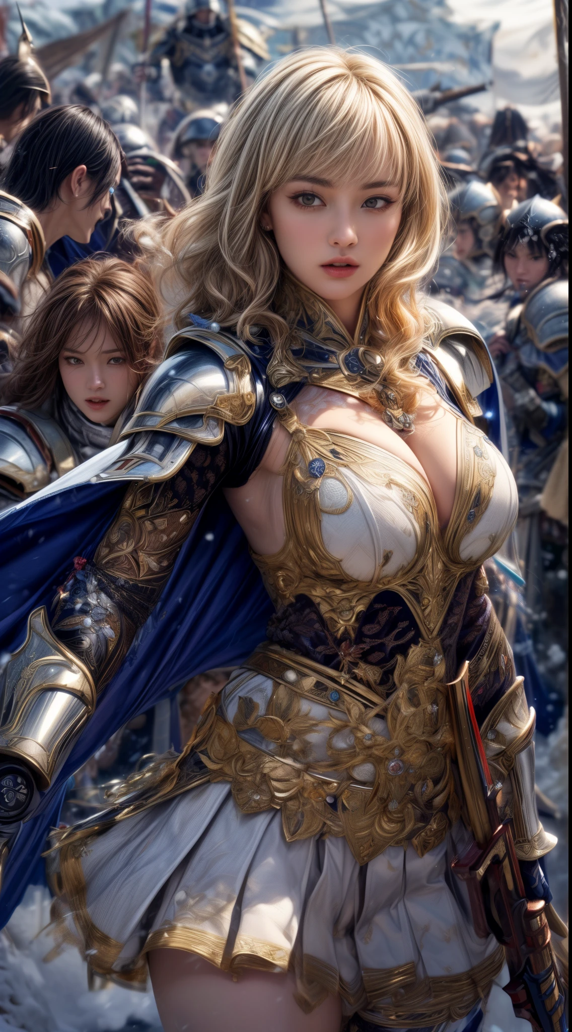 Very beautiful woman、Slender women、(Detailed face)、Realistic Skin、((holy knight)), ((Pearl White Armor))、((((Black armor with very fine and intricate decoration:1.1))))、((Delicate photo))，(Girl Astepeace RAW Photo Details:1.25), (highest quality:1.6), (超A high resolution:1.5), (Realistic:1.75), 8K resolution, Canon EOS R5, 50mm, Absurd, Ultra-detailed,Cinema Lighting,((battlefield))、((battle))、(((White skirt with embellishments)))、Thigh-high socks、Shin Guards、((Blonde))、((Curly Hair))、((Drill Hair))、((Wavy short hair with bangs,))、Get six-pack、Cape、Beautiful Armor、(((Has a huge weapon)))、(In combat)、The wind is blowing、((Symmetrical Armor))、((((Blizzard))))、(((Leading a large group of knights:1.2)))、Banner、Armor with a snow and ice motif、(((Battle Scene)))