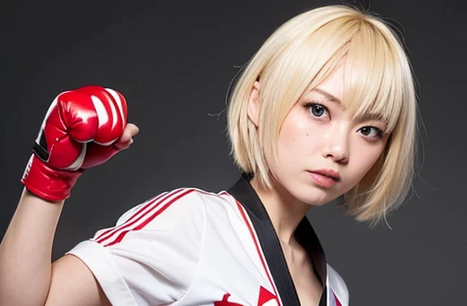 blonde Short Hair Big Breasts Wearing a karate uniform He is doing a Seikentsuki (a punch with a punch)