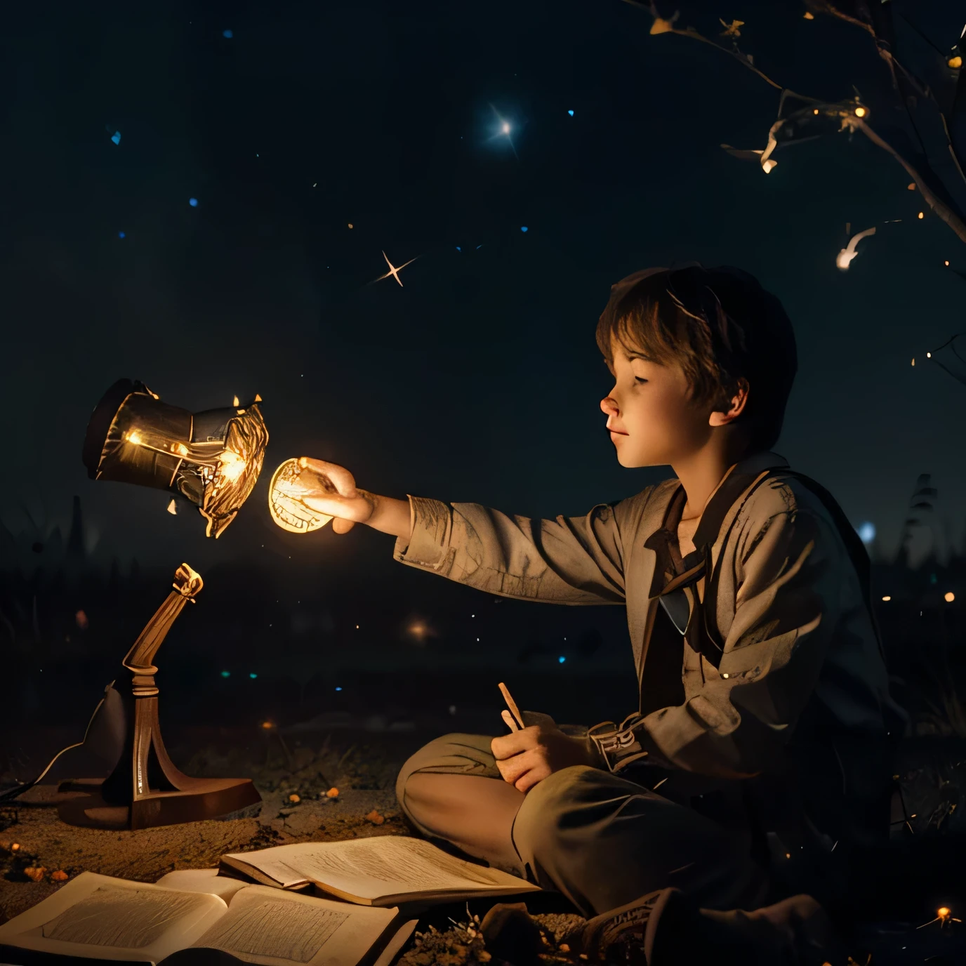 Create images with this reference to edit a video ElysianWanderer ( like a boy writer in the background of a night sky with many stars accompanied by a lamp sitting on the ground writing surrounded by fireflies Explorer of worlds and teller of stories, with a heart as vast as the universe and a mind eager for knowledge.