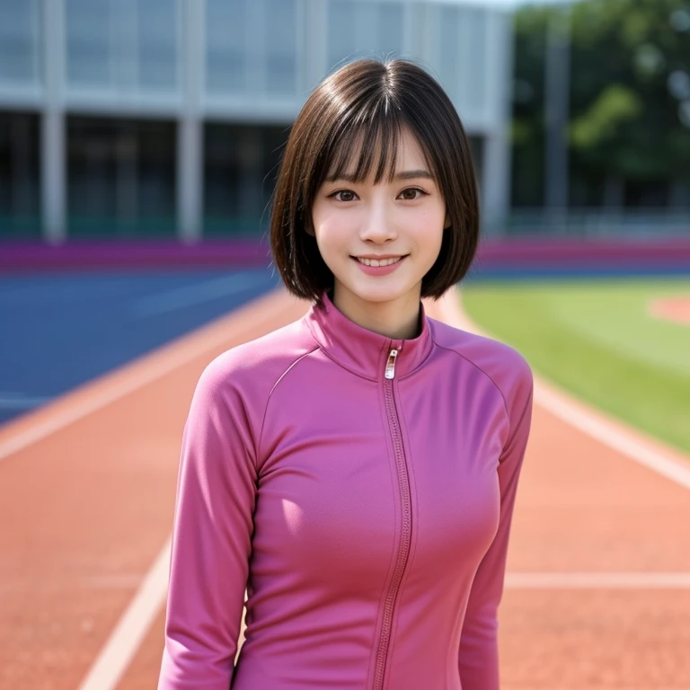 (kawaii 24 year-old Japanese girl, Nogizaka idol, Korean idol, track and field player), healthy female athlete body, glossy black hair, (very short hair, bangs:1.2), beautiful black eyes, rounded face, single eyelid, (no makeup:1.2), (big laughing), (light pink half zipped track suits:1.3), extra small breasts, BREAK, (track and field stadium background, summer sunlights:1.2), (dynamic angle, bust shot:1.2), BREAK, (masterpiece, best quality, photo realistic, official art:1.4), (UHD, 8K quality wallpaper, high resolution, raw photo, golden ratio:1.3), (shiny skin), professional lighting, physically based rendering, award winning, (highly detailed skin texture, extremely detailed face and eyes textures), Carl Zeiss 85 mm F/1.4, depth of field, (1girl, solo),