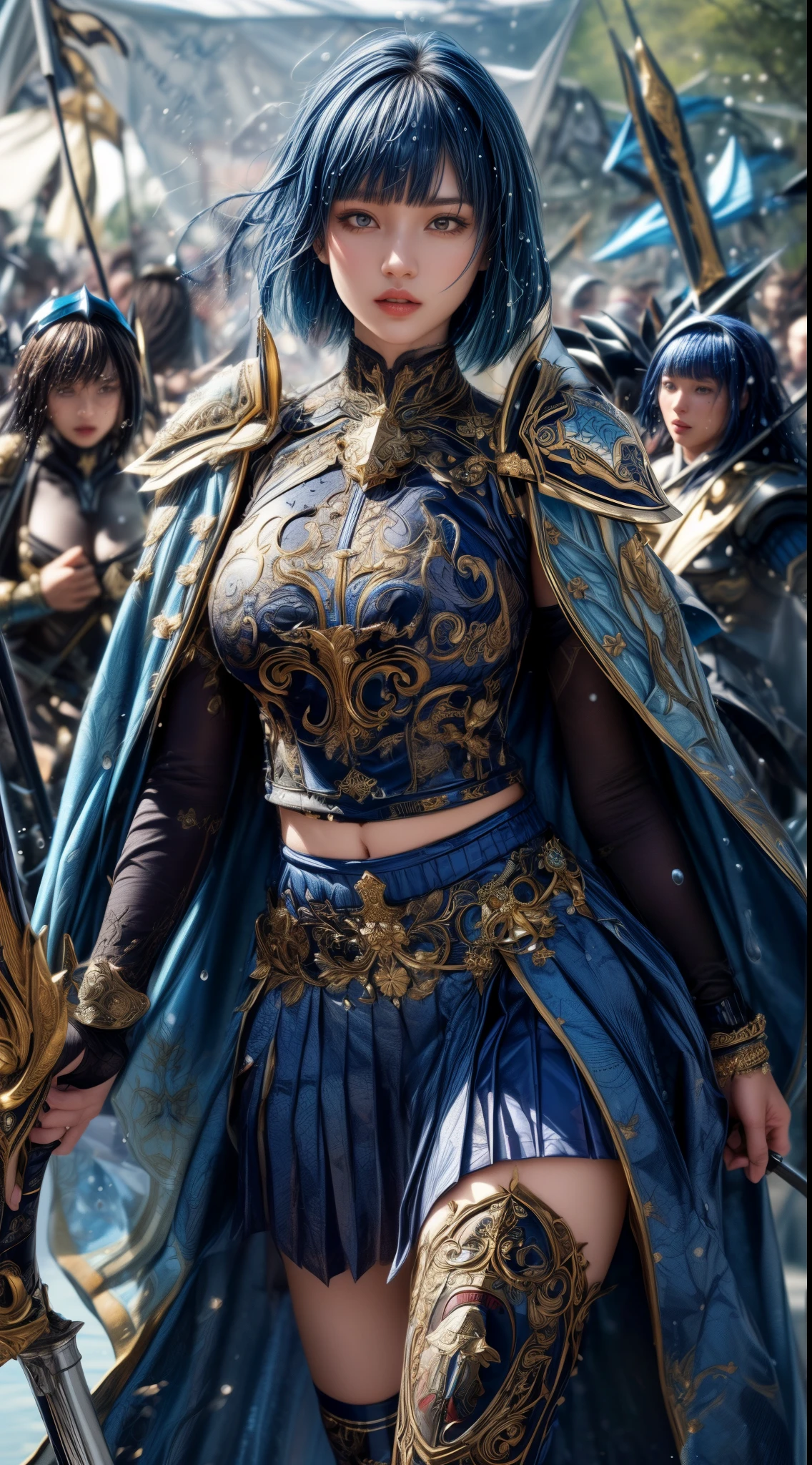 Very beautiful woman、Slender women、(Detailed face)、Realistic Skin、((holy knight)), ((Navy Blue Armor))、((((Black armor with very fine and intricate decoration:1.1))))、((Delicate photo)),(Girl Astepeace RAW Photo Details:1.25), (highest quality:1.6), (超A high resolution:1.5), (Realistic:1.75), 8K resolution, Canon EOS R5, 50mm, Absurd, Ultra-detailed,Cinema Lighting,((battlefield))、((battle))、(((Navy Skirt with Embellishments)))、Thigh-high socks、Shin Guards、((Dark blue hair))、((Bowl cut hairstyle with bangs,))、Get six-pack、Cape、Beautiful Armor、(((Has a huge weapon)))、(In combat)、The wind is blowing、((Symmetrical Armor))、((((Splash))))、(((Leading a large group of blue knights:1.2)))、Banner、Armor with a dragon motif、(((Battle Scene)))