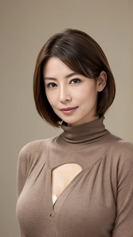 (highest quality,8k,masterpiece),Mature Japan Woman,sexy,Age 35,ash brown short hair,((Big Breasts))turtleneck