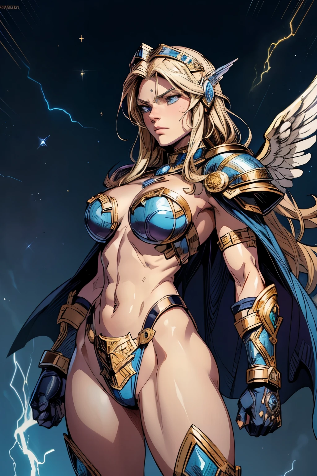 masterpiece, best quality, masterpiece, godlike quality, godlike art, highly detailed face, 1woman, digital illustration of Thundra, the Asgardian hero, standing confidently in her dark blue/purple armor with gold trim inspired by Jack Kirby's designs. blonde hair. Capture the essence of her power as she commands thunder and lightning, with her cape resembling a star field. Include the (((Norse helm with gold wings))) and showcase her right hand covered in a heavy armored glove. cosmic background. deep v neck. stern expression, (best quality), (masterpiece), realistic, sharp, 8k, (helmet), (purple armor), valkyrie, (full body), pretty face, (blue eyes), (((left hand glove))), (((Armored left hand))), bare right hand, star pattern, good hands, detailed hands. (((full helmet))), (((Helmet that covers the head with nose guard))), one leg raised, fist punching, holding a lightning bolt, shooting lightning from hand, (((dynamic pose))) , (((detailed face))) ,(((detailed eyes)))