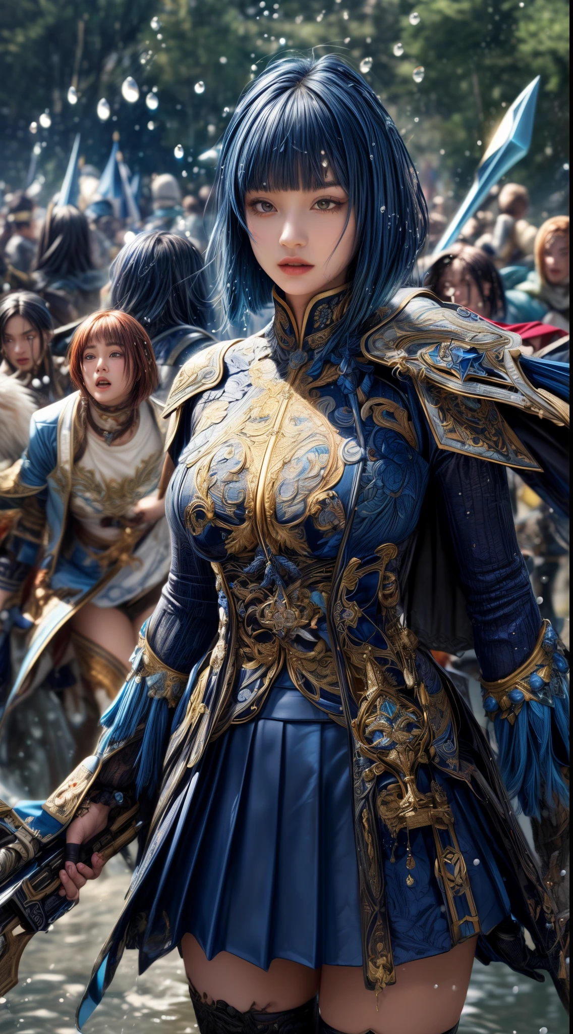 Very beautiful woman、Slender women、(Detailed face)、Realistic Skin、((Paladin)), ((Dark blue armor))、((((A black armor with extremely detailed and intricate decoration.:1.1))))、((Delicate photo)),(Girl Astepeace RAW Photo Details:1.25), (highest quality:1.6), (超A high resolution:1.5), (Realistic:1.75), 8K resolution, Canon EOS R5, 50mm, Absurd, Super detailed,Cinema Lighting,((Fightfield))、((Fight))、(((Navy embellished skirt)))、Thigh-high socks、Shingard、((Dark blue hair))、((Bowl cut hairstyle with bangs,))、Get a six pack、Cape、Beautiful Armor、(((Has a huge weapon)))、(In combat)、The wind is blowing、((Symmetrical armor))、((((splash))))、(((Leads a large group of blue knights:1.2)))、banner、Armor with a dragon motif、(((Battle Scenes)))、((Browsing Caution))、(((I can see her panties:1.4)))、((windy skirt))