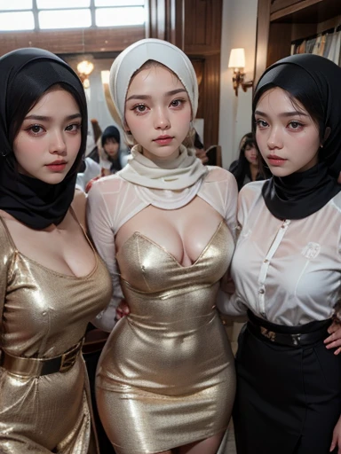 masutepiece, Best Quality, Illustration, Highly detailed, fine detail, high resolution, 8K Wallpaper, Perfect dynamic composition, Many people in hijab, many people's hijab, (three girls in hijab taking front camera photo), many people, Detail of beautiful eyes, Natural Lips , Smiling lips,(Lips laughed lightly), Hand details, (perfect fingers, no defects), Wearing a Muslim hijab, Muslim gamis clothes, luxurious jubba thobbe, nobbra, no underwear, unbuttoned loose opened clothes, showing nude breasts and nipples. close-up photo, (three girls wearing hijabs taking photos holding the front camera), lots of people wearing hijabs, girls taking photos, showing your big breasts, people wearing hijabs, all the girls holding front cameras