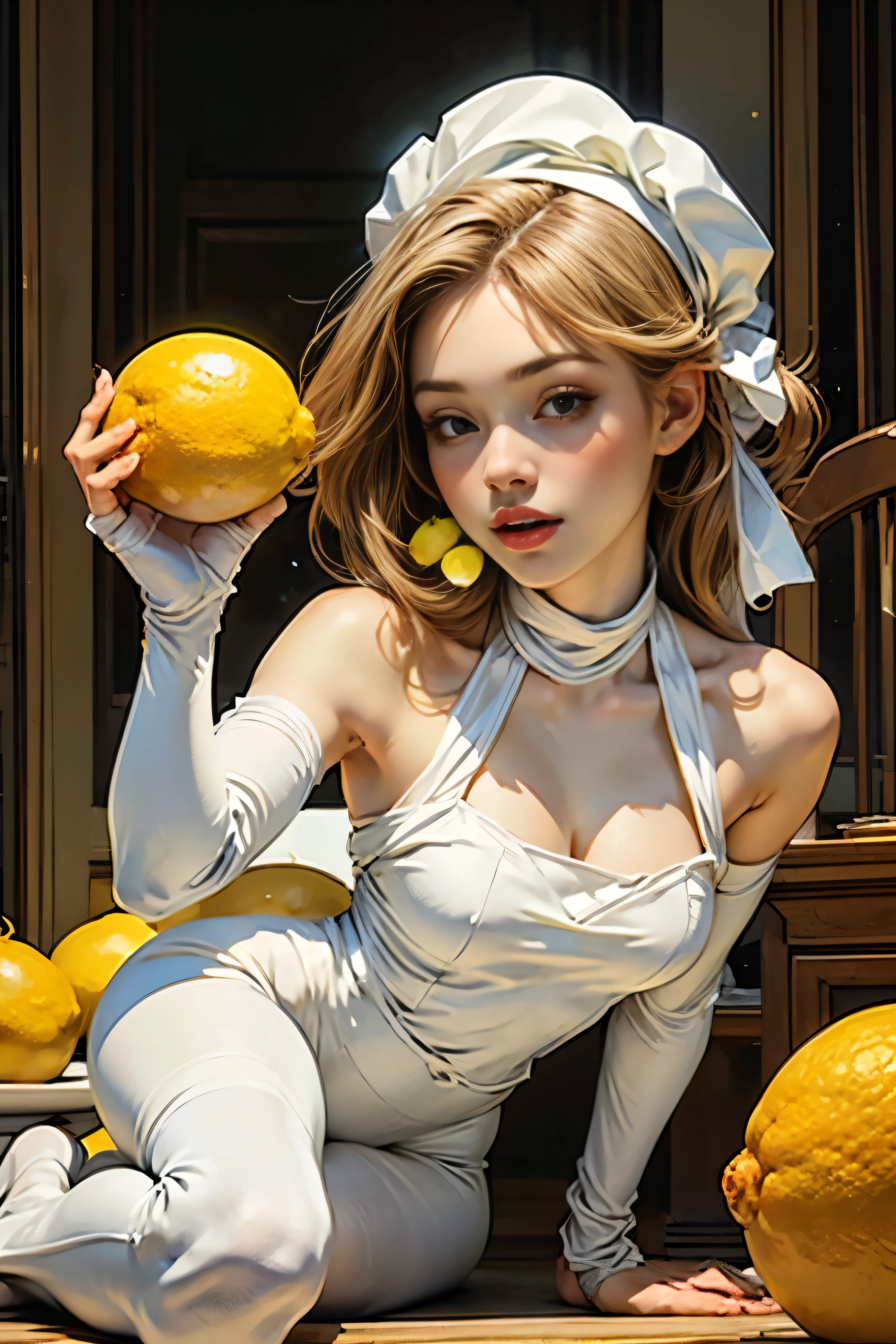 Young and stunningly beautiful woman、Medium Full Portrait、(Wearing white tights:1.3)、(Correct Anatomy:1.5)、(Anatomically correct fingers:1.5)、Eating lemon