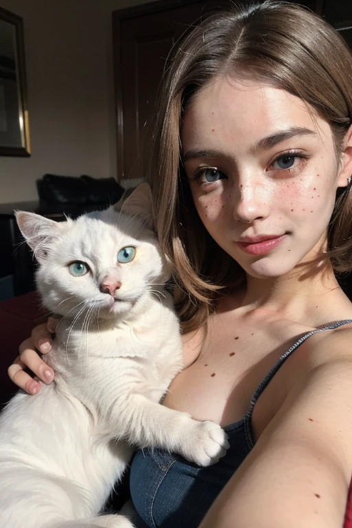 ((mejor calidad)), ((obra maestra)), (detallado), cara perfecta, Blonde, beautiful, tender girl with freckles, blue eyes, nice body, selfie smiling, with his white cat by his side