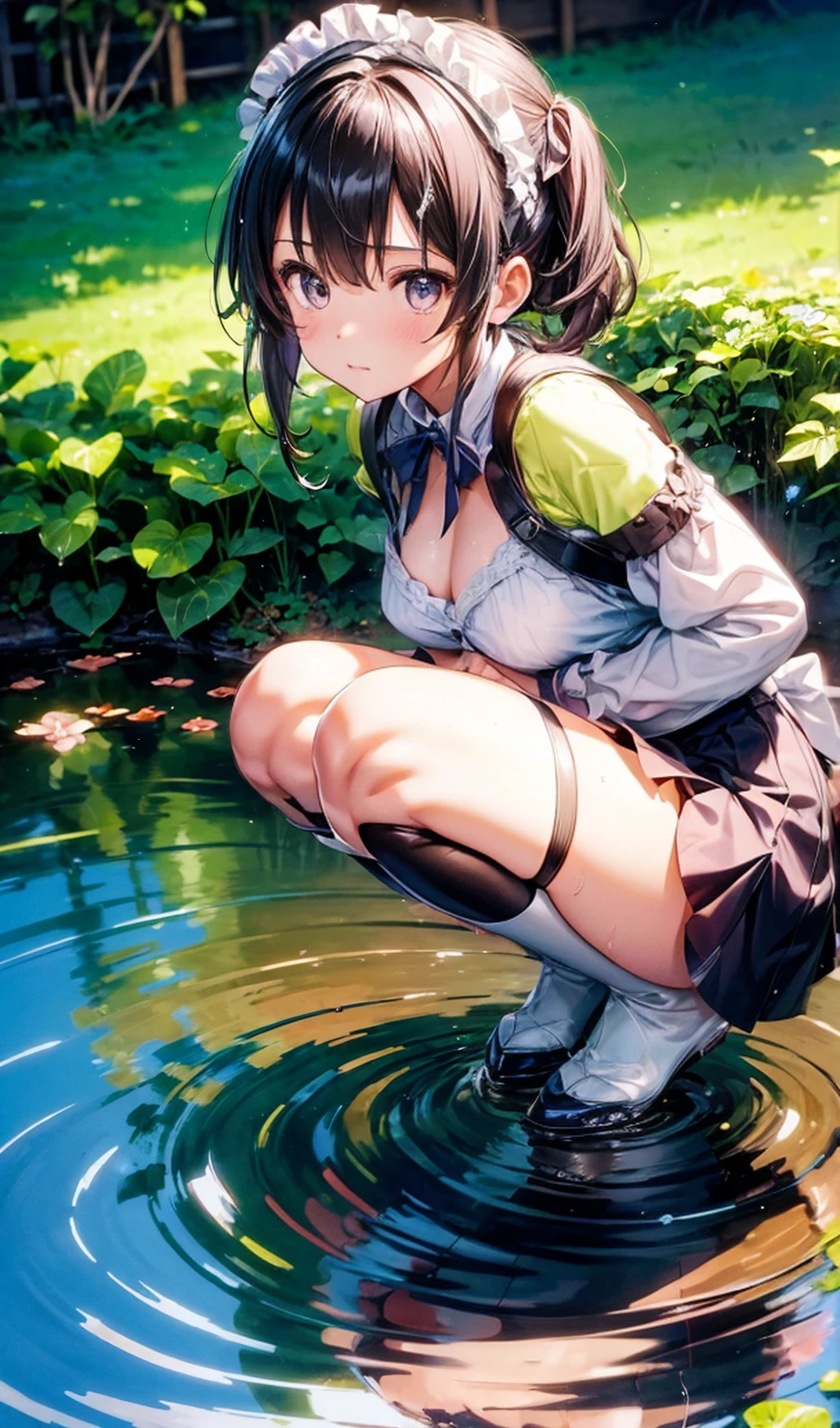 NSFW,(masterpiece:1.5, highest quality,8K), ((Ultra-high resolution、Very delicate、Optimal Configuration、beautiful light shines、unity 8k wallpaper, beautiful3Dアニメーション))、((beautiful, fine grain: 1.2)), Extremely detailed CG,BREAK
(Perfect hands, Perfect Anatomy,Detailed Eyes:1.5,Fine eyes:1.5),(((hyoudou michiru, solo, black thighhighs, black skirt, , frilled skirt, detached sleeves, sleeveless shirt, white shirt, red ribbon ,maid headdress))), (((Focus on the chest、Pay attention to the panties)))、Thick outline:1.3、Fine contours、Distinct colors、Vibrant colors,BREAK
非常にFine eyes、Eyes that reflect the light and shine beautifully:1.3、Highly detailed face、Clear Eyes、beautiful肌、Fair skin、bright、Vibrant colors、(((beautiful銀色の髪:1.3))),BREAK
(((:1.3))),12 years oldDetailed face, Detailed skin, Detailed clothing, Detailed fingers, Toned Legs,Small waist、Attractive thighs、Amazingly thin legs、Incredibly slim thighs、滑らかでbeautiful太もも、 Beautiful legs with less unevenness、Her thighs are wet with a surprising amount of semen, A lot of milk spills from the mouth,BREAK Extremely heavy sweating,(((Amazingly large breasts:1.3、Amazingly plump and big breasts:1.5,Big Tits:1.5,beautiful胸、beautiful胸の形、Pointed Chest、The tip of the chest is sharp、Amazingly huge amount of cum and very wet all over the boobs:1.3、Only one light pink nipple is exposed))),BREAK
(((Squat with your legs spread out to the side:1.3,Attractive cleavage,Spread your legs 120 degrees to the sides and squat over a small puddle.:1.5)))、Water dripping from the crotch、Transparent colored pee,BREAK The part hidden under underwear is revealed、Growing pubic hair、 BREAK Garter、leg garter、Black knee-high sockini skirt 30cm above the knee、Very small skirt,BREAK
(((Small panties exposed:1.3、The crotch of the panties is wet))),BREAK The second, third, and fourth buttons of the shirt are undone、Upper arms exposed、Red collar:1.3,BREAK Brown loafers,BREAK
pantypull,pantydrop,panties,(((A great many parts of the clothing are torn and tattered:1.3))),panties around one leg, panties around one ankle ,BREAK Open your mouth wide、Masturbation、peace sign、anxiety、(((I'm embarrassed and my cheeks are very flushed:1.5、Imminent sex、Impending blowjob)))、Embarrassed and blushing,orgasm、Ecstasy、My face is wet with lots of milk,((Lift up your skirt yourself、Lift the hem of a skirt:1.5)),BREAK
(((Shooting from below)))、The whole body is visible、 Bright and stylish cafe、beautiful景色,