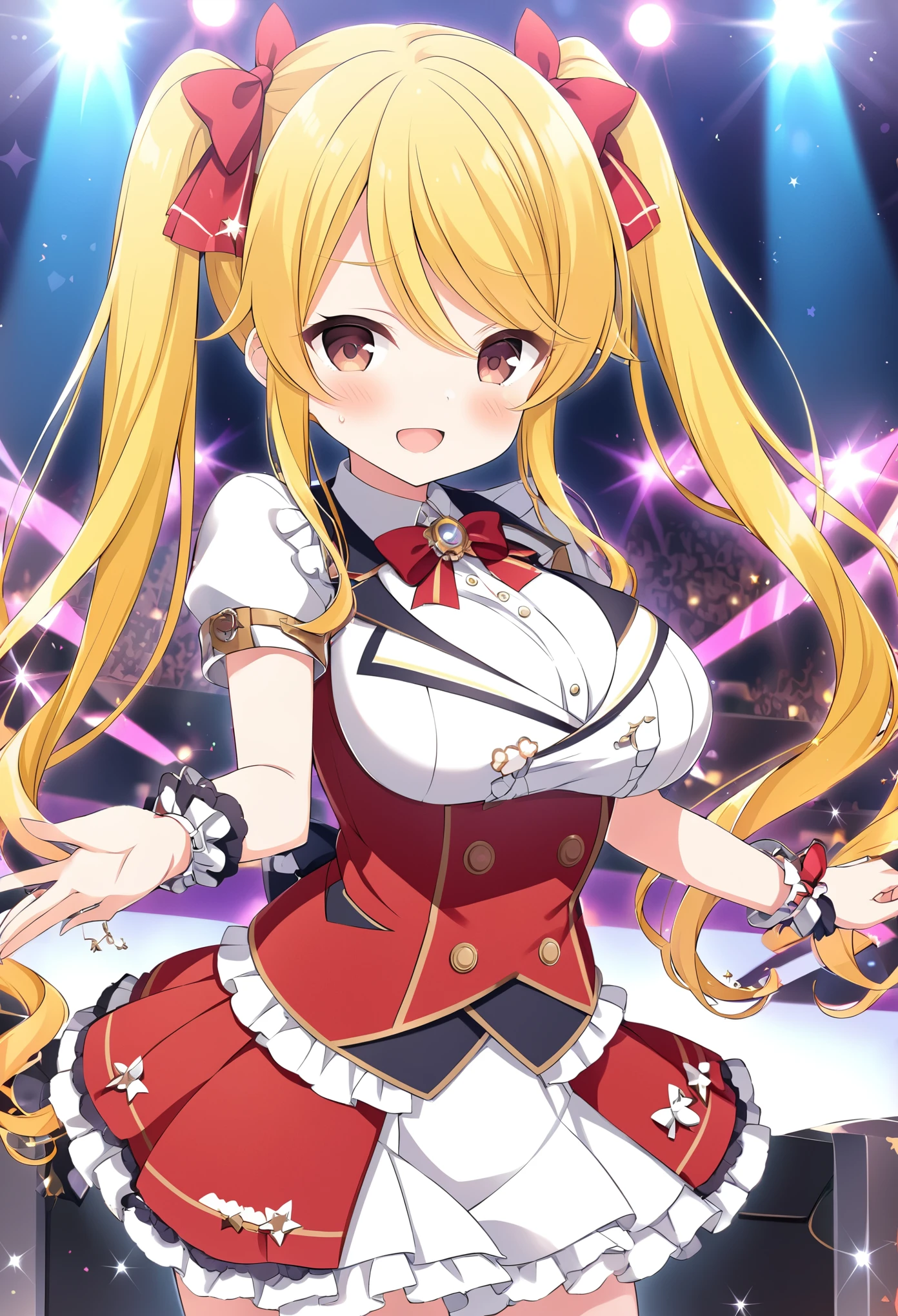 ,tokitanikoruri, blonde hair, long hair, ribbon. twintails, brown eyes,, large breasts, live stage, solo