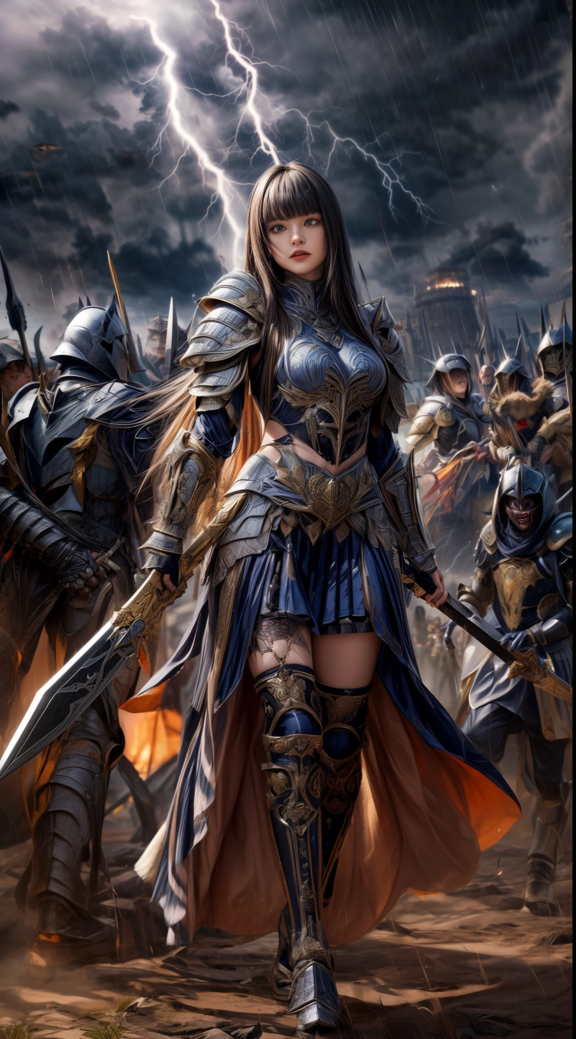 Cowboy Shot、Very beautiful woman、Slender women、(Detailed face)、Realistic Skin、((Demon Knight)), (Black Armor)、((((Black armor with very fine and intricate decoration))))、((Delicate photo))，(Girl Astepeace RAW Photo Details:1.25), (highest quality:1.6), (超A high resolution:1.5), (Realistic:1.75), 8K resolution, Canon EOS R5, 50mm, Absurd, Ultra-detailed,Cinema Lighting,Battlefields of Medieval Europe、((battle))、RPG World、Final Fantasy、(((Embellished skirt)))、Thigh-high socks、Shin Guards、night、((Long hair with bangs,))、Get six-pack、Torn Cloak、Beautiful Armor、(((Giant Sword)))、In combat、The wind is blowing、((Asymmetrical Armor:1.5))、(((thunderstorm)))、((Knight Commander))、(((Leading a large group of black knights)))、Banner、Wolf Pattern:1.5、(((Battle Scene)))、(((((Creepy Armor)))))