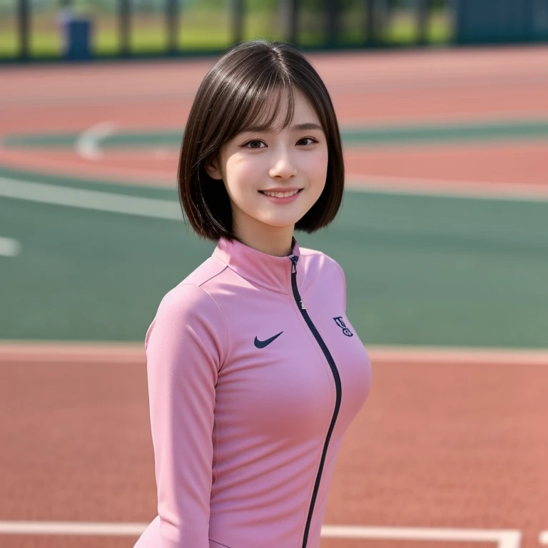 (kawaii 24 year-old Japanese girl, Nogizaka idol, Korean idol, track and field player), healthy female athlete body, glossy black hair, (very short hair, bangs:1.2), beautiful black eyes, rounded face, single eyelid, (no makeup:1.2), (big laughing), (light pink half zipped track suits:1.3), extra small breasts, BREAK, (track and field stadium background, summer sunlights:1.2), (dynamic angle, bust shot:1.2), BREAK, (masterpiece, best quality, photo realistic, official art:1.4), (UHD, 8K quality wallpaper, high resolution, raw photo, golden ratio:1.3), (shiny skin), professional lighting, physically based rendering, award winning, (highly detailed skin texture, extremely detailed face and eyes textures), Carl Zeiss 85 mm F/1.4, depth of field, (1girl, solo),