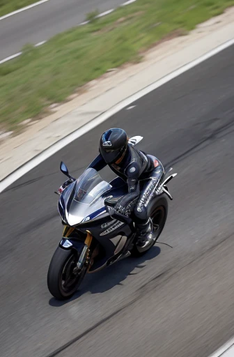 best quality, detailed, beautiful, insanely detailed, absurdres,perfect anatomy, ((aerial view)),Two racer replica motorcycles speeding down the highway, (motion blur:1.2), Japanese female,black hair,27 years old, (slender), (small breasts),(super fucking beautiful),
