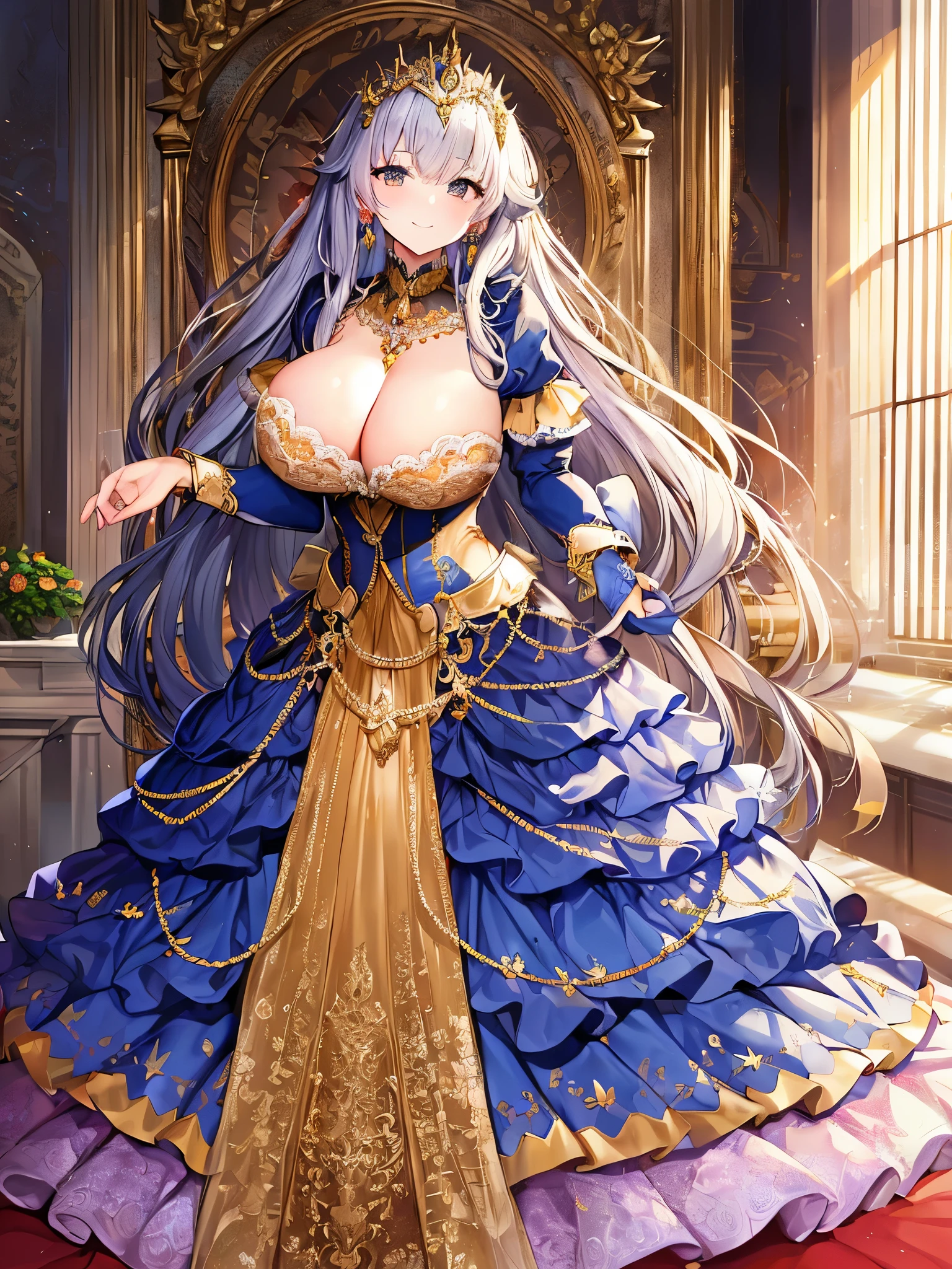 ((moe anime artstyle)),((Masterpiece)),(Best Quality),((Super Detail)),((Very Delicate and Beautiful)),((Solo)),full body,full body portrait,(((1 bling-bling mature princess in beautiful embroidery and jeweled gorgeous rococo ballgown with voluminous full length crinoline hoop skirt))),((((absurdly gigantic tits,absurdly sagging tits)))),(((cleavage))),Skindentation,(detailed face and eyes,gentle smile),jewel-like eyes,((crinoline,long train,beautiful embroidery and lace)),super detailed voluminous gorgeous rococo ballgown with voluminous full length crinoline hoop skirt,((bling-bling voluminous gorgeous rococo princess ballgown with beautiful embroidery and jeweled)),((Very Long Straight Hair,large amount of straight hair, absurdly long Straight hair)),extremely gorgeousfull hair ornament,(extremely gorgeous jeweled big tiara),luxurious jewelry,((beautiful embroidery and jeweled gorgeous rococo ballgown with voluminous full length crinoline hoop skirt)),full body,((fantasy castle,throne room))