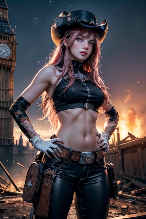 (masterpiece,stunning girlfriend, (standing:1.1), dynamic pose, heart shaped face, elegant face, beautiful face, highly detailed face, highly detailed skin, skin pores, subsurface scattering, realistic pupils, looking at viewer, full lips, detailed background, depth of field, atmospheric perspective, volumetric lighting, sharp focus, absurdres, realistic proportions, good anatomy, (realistic, hyperrealistic:1.4), 16k hdr, neopolitan, neopolitan, long hair, brown hair, (brown eyes:1.3), brown eyes, pink eyes, (heterochromia:1.2), ((two-tone hair, split-color hair, pink hair, brown hair, multicolored hair)), BREAK gloves, hat, navel, detached sleeves, midriff, belt, pants, white gloves, black headwear, bowler hat, hands on hips, BREAK outdoors, night, stars, moon, post-apocalypse, dystopian future, london in ruins, big ben, crowd, (crowd in military uniforms), bonfires, BREAK looking at viewer, (cowboy shot:1.5), BREAK (masterpiece:1.2), best quality, high resolution, unity 8k wallpaper, (illustration:0.8), (beautiful detailed eyes:1.6), extremely detailed face, perfect lighting, extremely detailed CG, (perfect hands, perfect anatomy)