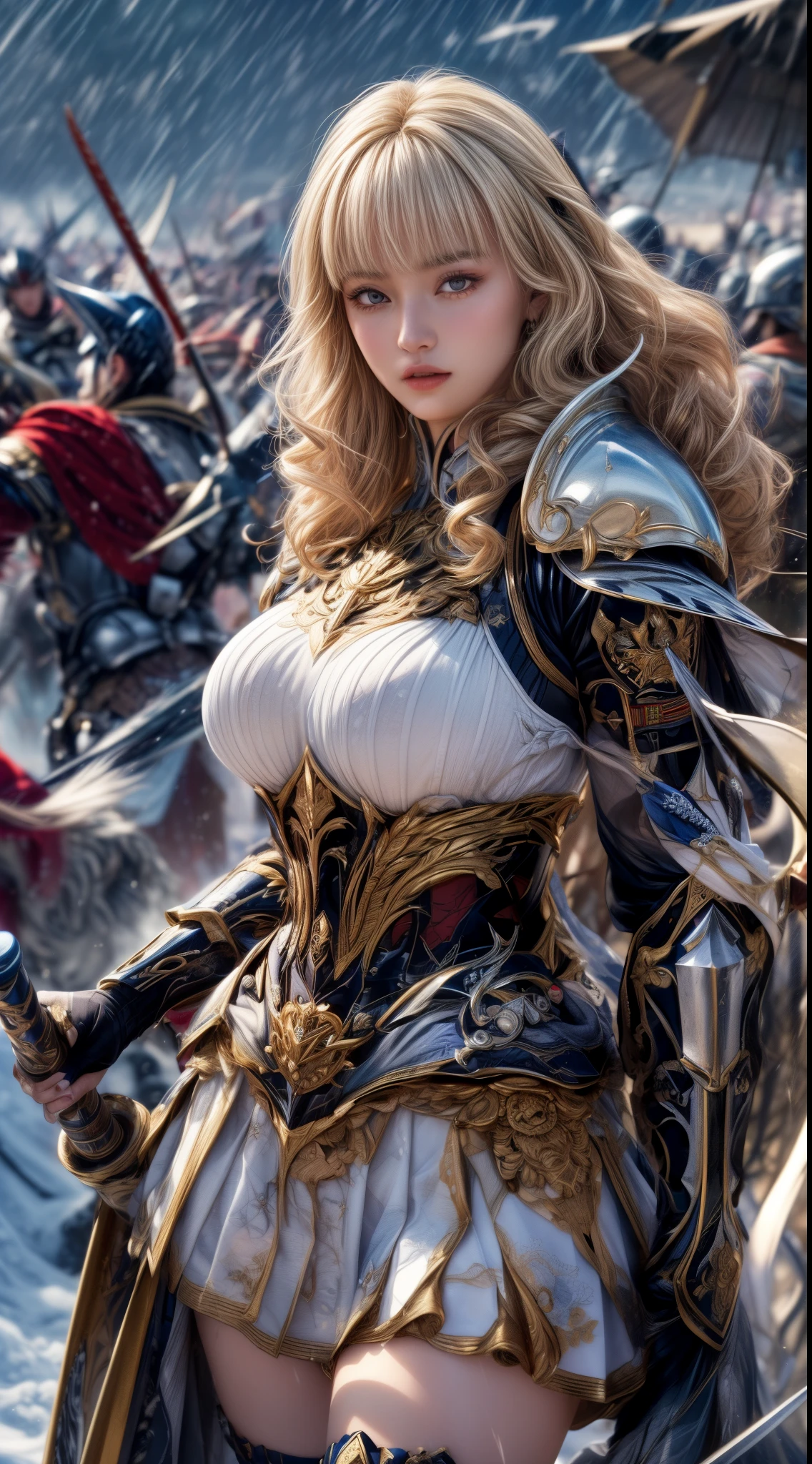 Very beautiful woman、Slender women、(Detailed face)、Realistic Skin、((holy knight)), ((Pearl White Armor))、((((Black armor with very fine and intricate decoration:1.1))))、((Delicate photo))，(Girl Astepeace RAW Photo Details:1.25), (highest quality:1.6), (超A high resolution:1.5), (Realistic:1.75), 8K resolution, Canon EOS R5, 50mm, Absurd, Ultra-detailed,Cinema Lighting,((battlefield))、((battle))、(((White skirt with embellishments)))、Thigh-high socks、Shin Guards、((Blonde))、((Curly Hair))、((Drill Hair))、((Wavy short hair with bangs,))、Get six-pack、Cape、Beautiful Armor、(((Has a huge weapon)))、(In combat)、The wind is blowing、((Symmetrical Armor))、((((Blizzard))))、(((Leading a large group of knights:1.2)))、Banner、Armor with a snow and ice motif、(((Battle Scene)))、((nsfw))