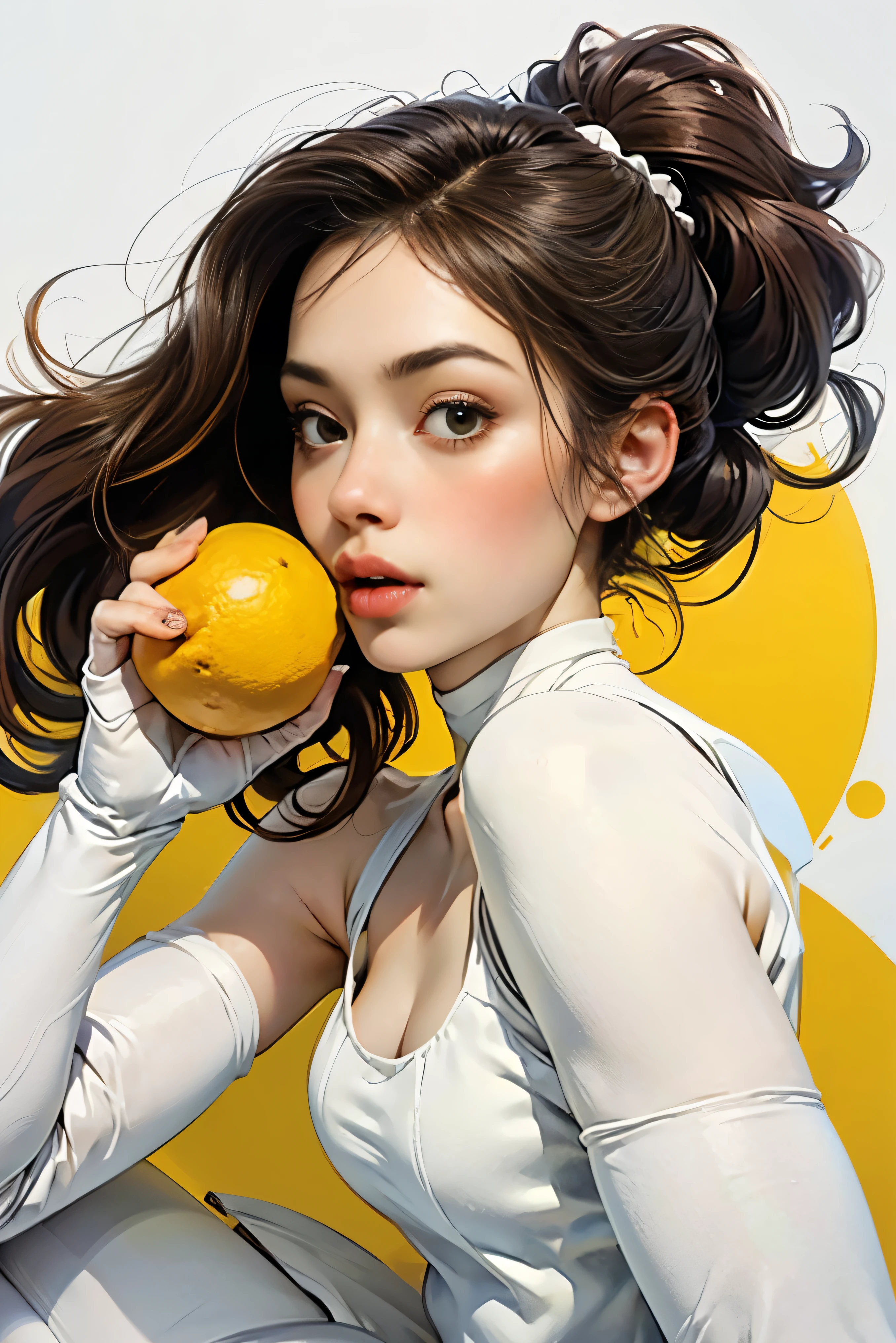 Young and stunningly beautiful woman、Medium Full Portrait、(Wearing white tights:1.5)、(Correct Anatomy:1.75)、(Anatomically correct fingers:1.5)、Eating lemon:1.4