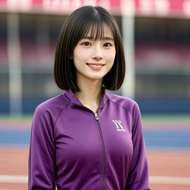 (kawaii 24 year-old Japanese girl, Nogizaka idol, Korean idol, track and field player), healthy female athlete body, glossy black hair, (very short hair, bangs:1.2), beautiful black eyes, rounded face, single eyelid, (no makeup:1.2), (big laughing), (light pink half zipped track suits:1.3), extra small breasts, BREAK, (track and field stadium background, summer sunlights:1.2), (dynamic angle, bust shot:1.2), BREAK, (masterpiece, best quality, photo realistic, official art:1.4), (UHD, 8K quality wallpaper, high resolution, raw photo, golden ratio:1.3), (shiny skin), professional lighting, physically based rendering, award winning, (highly detailed skin texture, extremely detailed face and eyes textures), Carl Zeiss 85 mm F/1.4, depth of field, (1girl, solo),