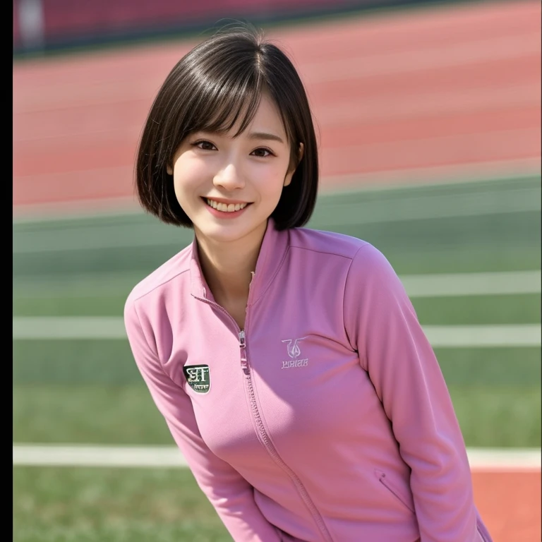 (kawaii 24 year-old Japanese girl, Nogizaka idol, Korean idol, track and field player), healthy female athlete body, glossy black hair, (very short hair, bangs:1.2), beautiful black eyes, rounded face, single eyelid, (no makeup:1.2), (big laughing), (light pink half zipped track suits:1.3), extra small breasts, BREAK, (track and field stadium background, summer sunlights:1.2), (dynamic angle, bust shot:1.2), BREAK, (masterpiece, best quality, photo realistic, official art:1.4), (UHD, 8K quality wallpaper, high resolution, raw photo, golden ratio:1.3), (shiny skin), professional lighting, physically based rendering, award winning, (highly detailed skin texture, extremely detailed face and eyes textures), Carl Zeiss 85 mm F/1.4, depth of field, (1girl, solo),