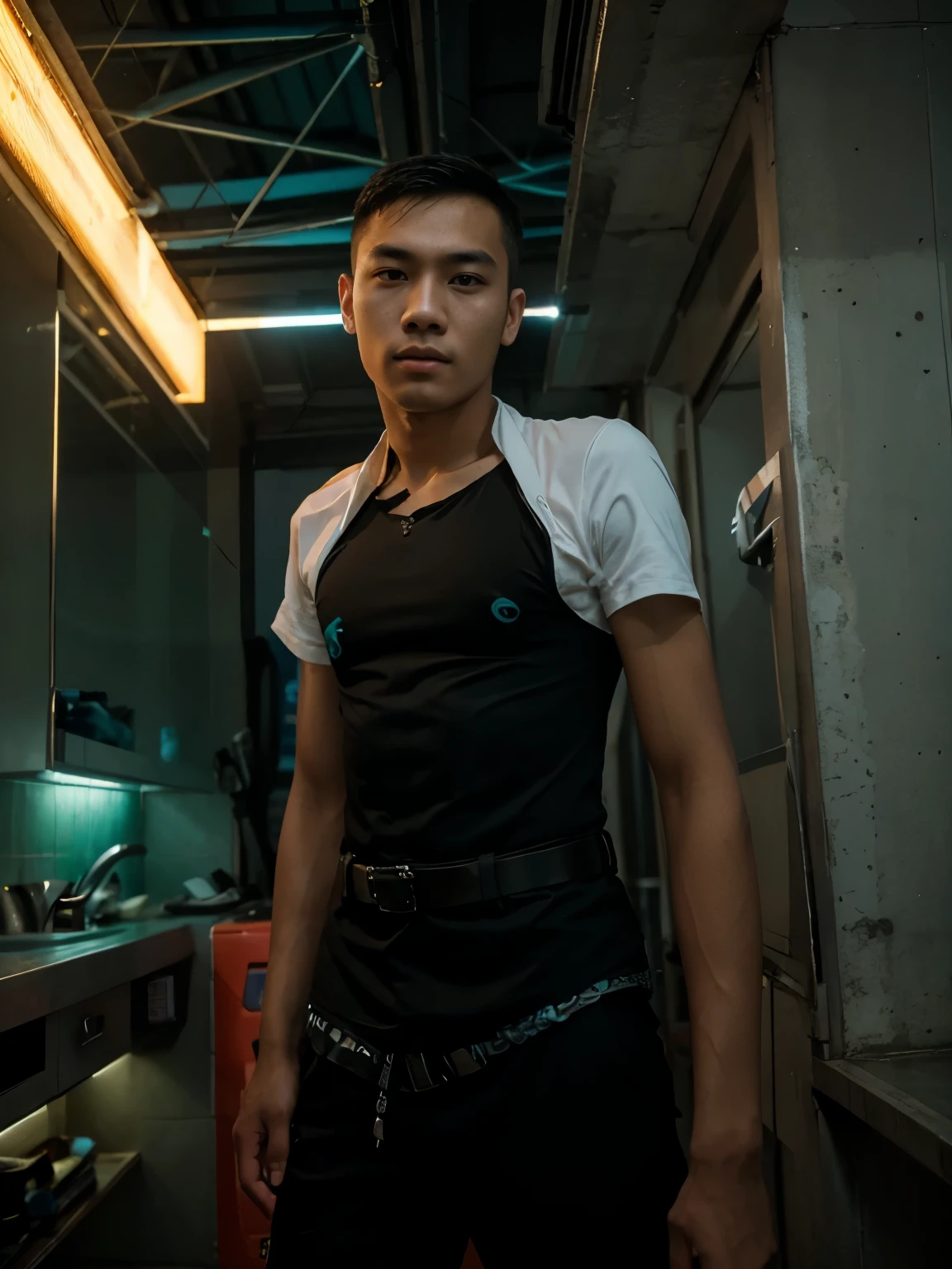 Handsome young man,Thai people,teenager,cyberpunk,The backdrop is the seaside.