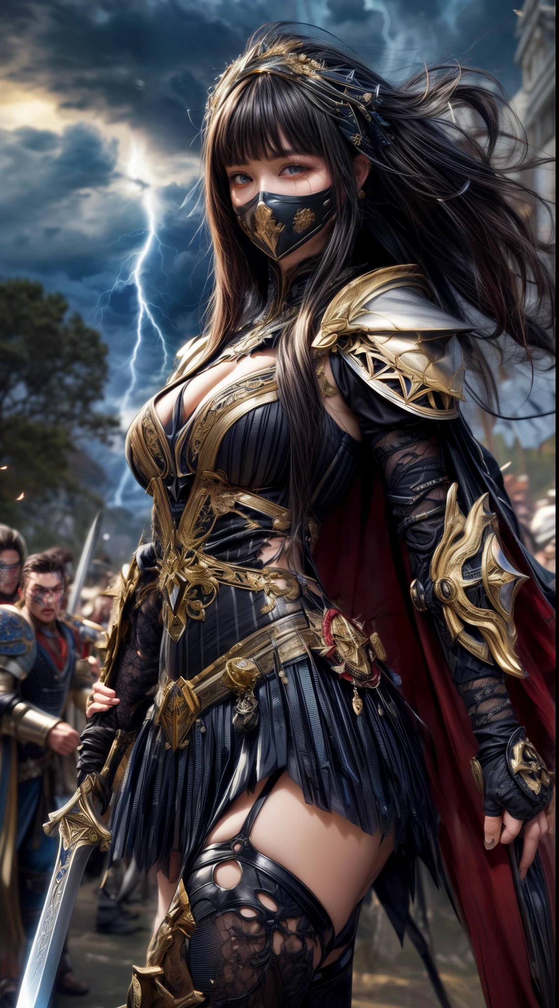 Cowboy Shot、Very beautiful woman、Slender women、(Detailed face)、Realistic Skin、((Demon Knight)), (Black Armor)、((((Black armor with very fine and intricate decoration))))、((Delicate photo))，(Girl Astepeace RAW Photo Details:1.25), (highest quality:1.6), (超A high resolution:1.5), (Realistic:1.75), 8K resolution, Canon EOS R5, 50mm, Absurd, Ultra-detailed,Cinema Lighting,Battlefields of Medieval Europe、((battle))、RPG World、Final Fantasy、(((Embellished skirt)))、Thigh-high socks、Shin Guards、night、((Long hair with bangs,))、Get six-pack、Torn Cloak、Beautiful Armor、(((Giant Sword)))、In combat、The wind is blowing、((Asymmetrical Armor:1.5))、(((thunderstorm)))、((Knight Commander))、(((Leading a large group of black knights)))、Banner、(((Battle Scene)))、((y iron mask))