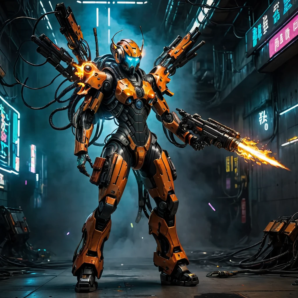 cyberpunk flame suit, flaming guns on hands, complex robot body