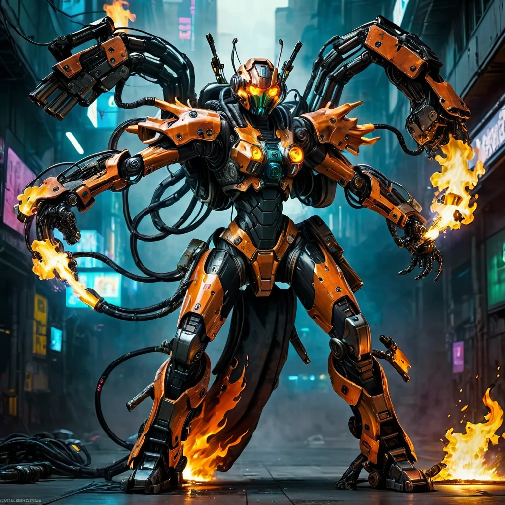 cyberpunk flame suit, flaming guns on hands, complex robot body