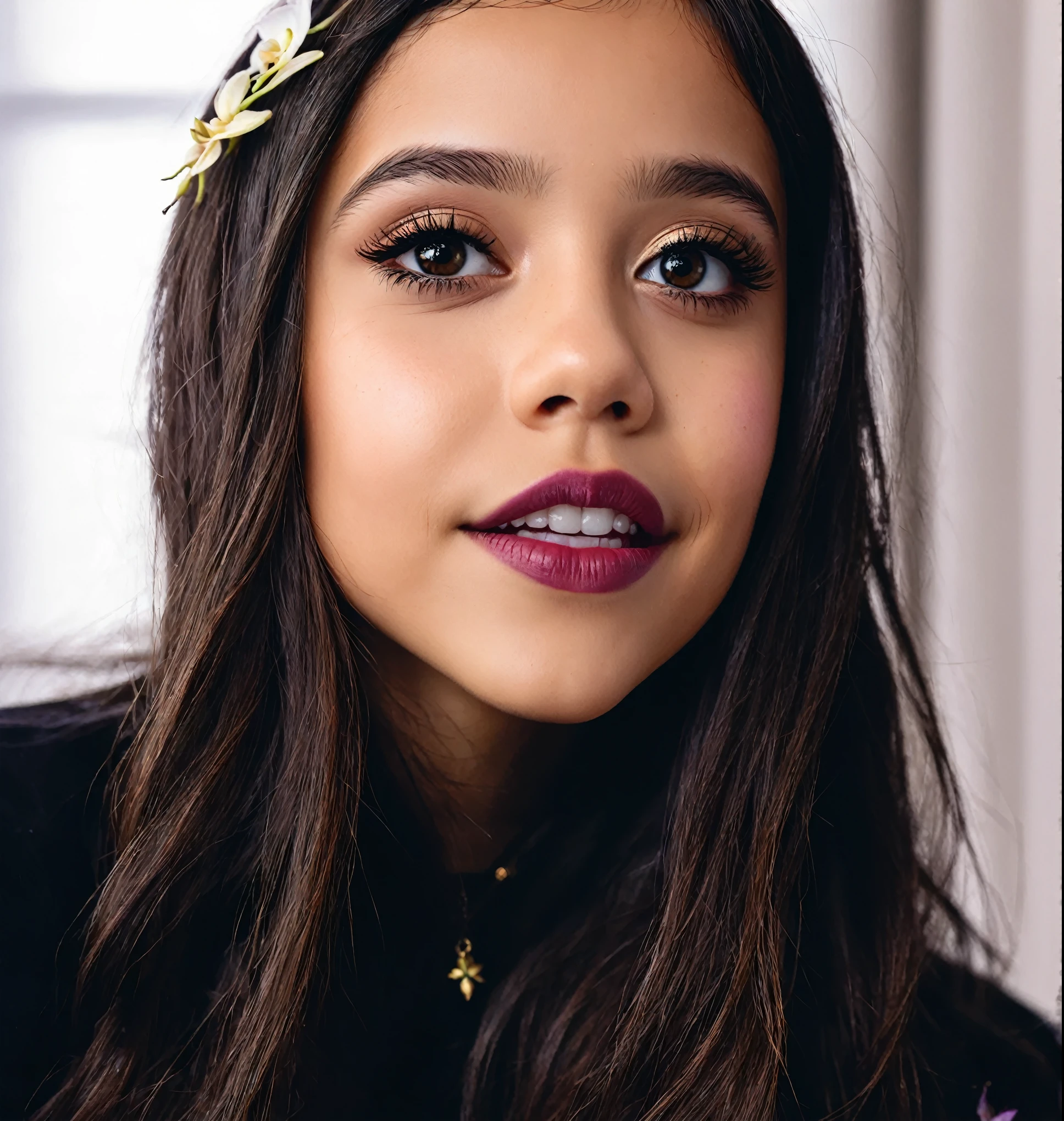 ArafedJenna Ortega mit langen Haaren streckt die Zunge heraus, Zunge raus, she has a sweet face, She has a sweet, ausdrucksstarkes Gesicht, ihr Gesicht sieht aus wie eine Orchidee, sehr albern aussehend, weiches Devil Queen Madison Bier, with Mund offen, Mund offen, niedliches albernes Gesicht, Sie ist etwa 16 Jahre alt, pokimane, Kailee Mandel