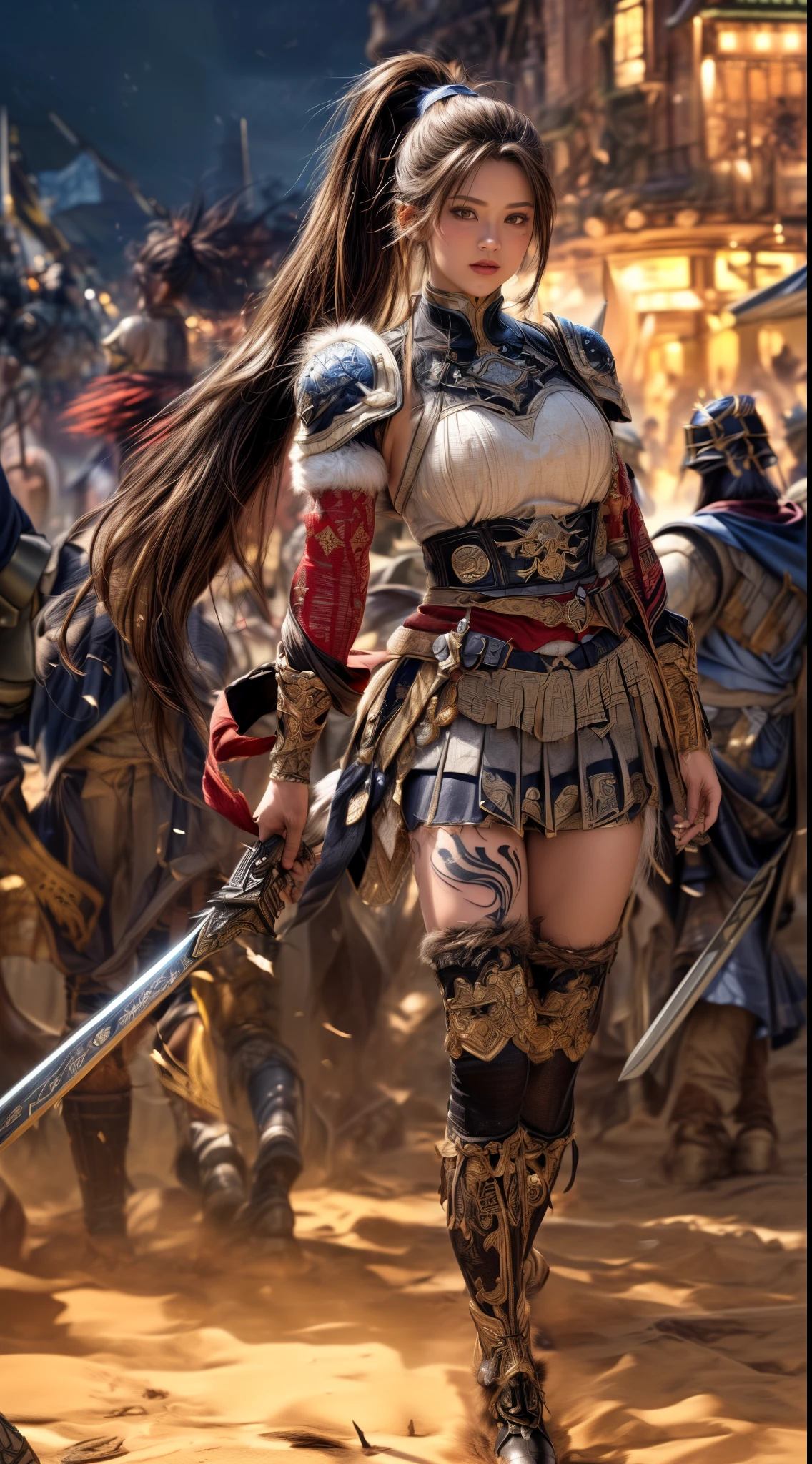 Very beautiful woman、Very tall woman、((muscle))、(Detailed face)、Realistic Skin、((Knights of the Earth)), (((Light brown and black armor:1.25)))、((((非常に繊細で装飾が施されたLight brown and black armor))))、((Delicate photo))，(Girl Astepeace RAW Photo Details:1.25), (highest quality:1.6), (超A high resolution:1.5), (Realistic:1.75), 8K resolution, Canon EOS R5, 50mm, Absurd, Ultra-detailed,Cinema Lighting,Battlefields of Medieval Europe、((battle))、RPG World、Final Fantasy、(((Embellished skirt)))、Thigh-high socks、Shin Guards、night、((((Messy center parted high ponytail))))、((Get six-pack))、Torn Cloak、((Beautiful Armor))、(((Huge weapons)))、In combat、The wind is blowing、(((Leading a large group of knights:1.3)))、(((Knight Commander)))、(Banner)、Great Ape Emblem、(((Light brown as the main color)))、(((black tribal tattoo)))、Dust、(((Wearing fur)))、(Rocky area)、(((Battle Scene)))、((nsfw))