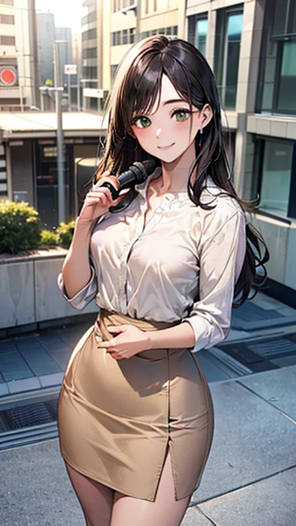 masterpiece:1.2, highest quality), (Realistic, photoRealistic:1.4), Beautiful illustrations, (Natural Side Lighting, sunshine, Looking at the audience, Cowboy Shot, Front view:0.6, 1 girl, Japanese, news caster,Adult female, Perfect Face, Symmetrical face, Beautiful Face, Shiny skin, (Long Hair:1.7, semi-long,Straight hair:1.5, Side Lock, Black Hair), Parted bangs, Emerald green eyes, Long eyelashes, (Bowl-shaped chest, Beautiful feet), Beautiful Hair, Beautiful Face, Beautiful and beautiful eyes, Beautiful clavicle, Beautiful body, Beautiful breasts, Beautiful thighs, Beautiful feet, Beautiful fingers, ((White long collar shirt, Beige tight skirt, Brown beige pumps, Hold the microphone in your right hand)), (Beautiful views), morning, office Street,Television shooting, Weather Forecast Guide,please put your hand on your chest, (Cute Smile, Excellent),