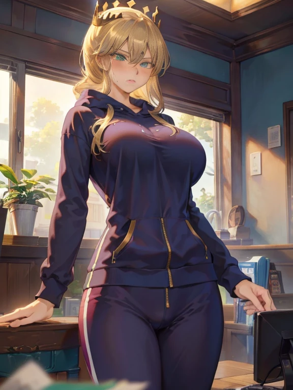 (4K, 8k, 32k, Ultra HD、so beautiful、masterpiece,highest quality,1 female),Purple hoodie, Sweat pants,Blonde Hair, Green Eyes,Crown,((blush, steam, sweat)), Mature woman, tall girl, slender body, A girl came to buy condoms, A white cash register in front of the girl, A box of condoms on the desk, Lined up at the cash register A girl waiting at the store, (standing shyly: 1.2, blushing and bow), ((big breasts)),Accurate human body, knowledgeable people, correct five fingers