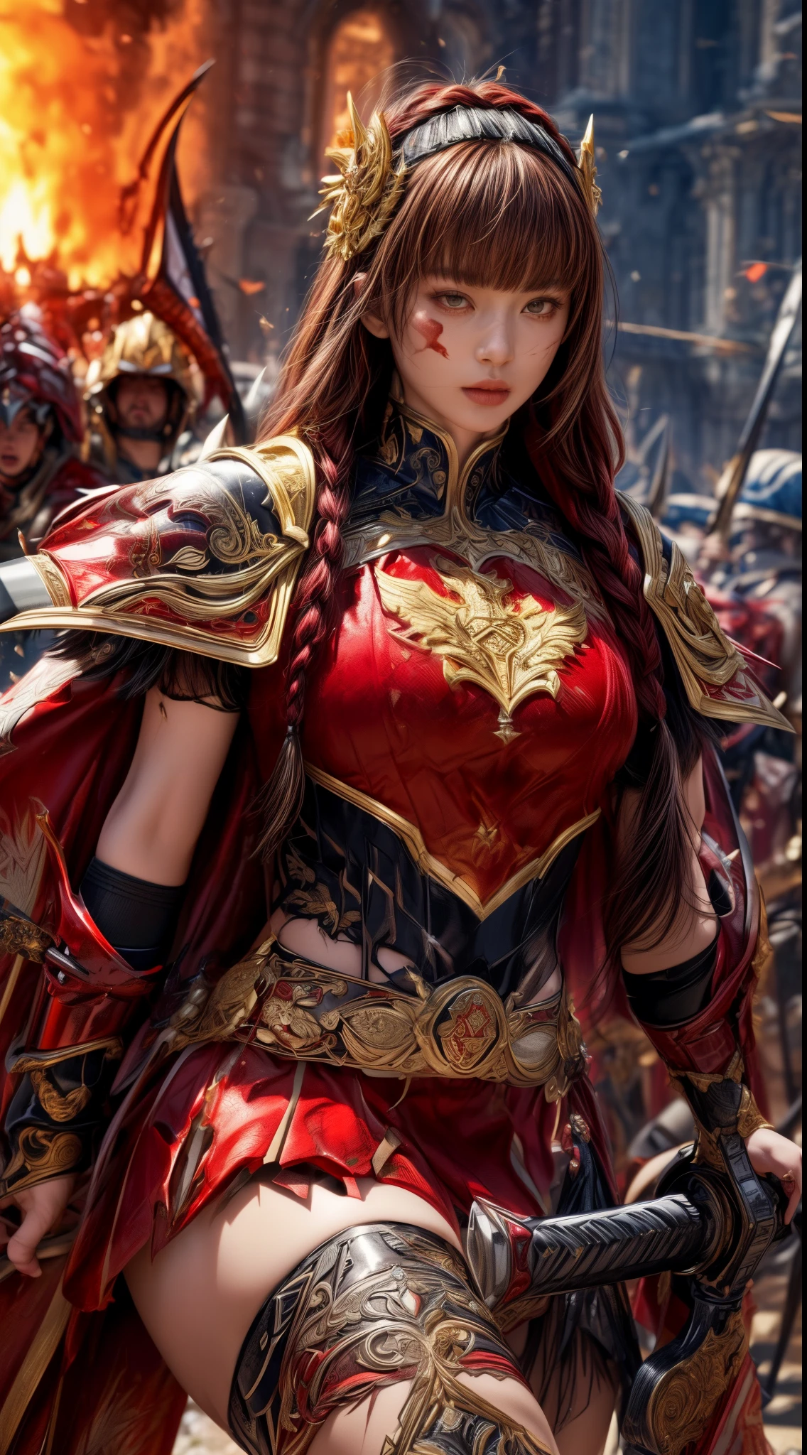 Very beautiful woman、Slender women、(Detailed face)、Realistic Skin、((Knight of Fire)), (((Red Armor:1.25)))、((((Black armor with very fine and intricate decoration))))、((Delicate photo))，(Girl Astepeace RAW Photo Details:1.25), (highest quality:1.6), (超A high resolution:1.5), (Realistic:1.75), 8K resolution, Canon EOS R5, 50mm, Absurd, Ultra-detailed,Cinema Lighting,Battlefields of Medieval Europe、((battle))、RPG World、Final Fantasy、(((Embellished skirt)))、Thigh-high socks、Shin Guards、night、((too long bangs))、((One long thick dark red hair braid))、Get six-pack、Torn Cloak、Beautiful Armor、(((Giant Sword)))、In combat、The wind is blowing、(((Inferno filling the entire area)))、(((Leading a large group of red knights)))、(((Knight Commander)))、Armor with a Phoenix motif、Old scar on right cheek:1.2、((Fire blaze))、(((Battle Scene)))、((nsfw))