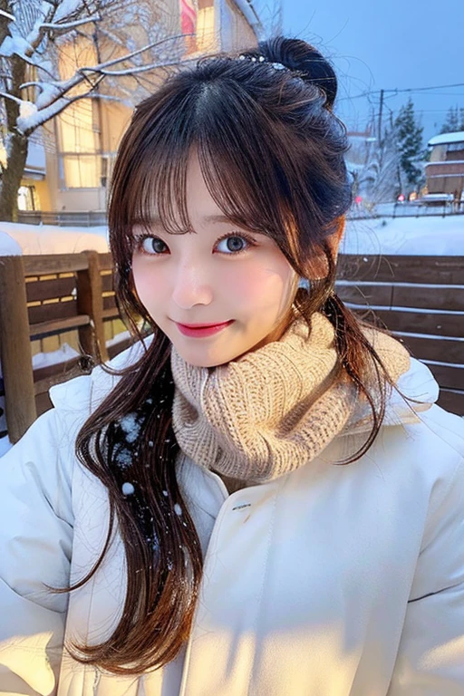 30 year old Japanese woman、Very adorable and cute、Narrow eyes、Deep-set eyelids、White jacket、Brown scarf、Upper Body Shot、A mole on the mouth、Wave、ponytail、Hide your chest、Alone in the snow、high resolution、A shy smile