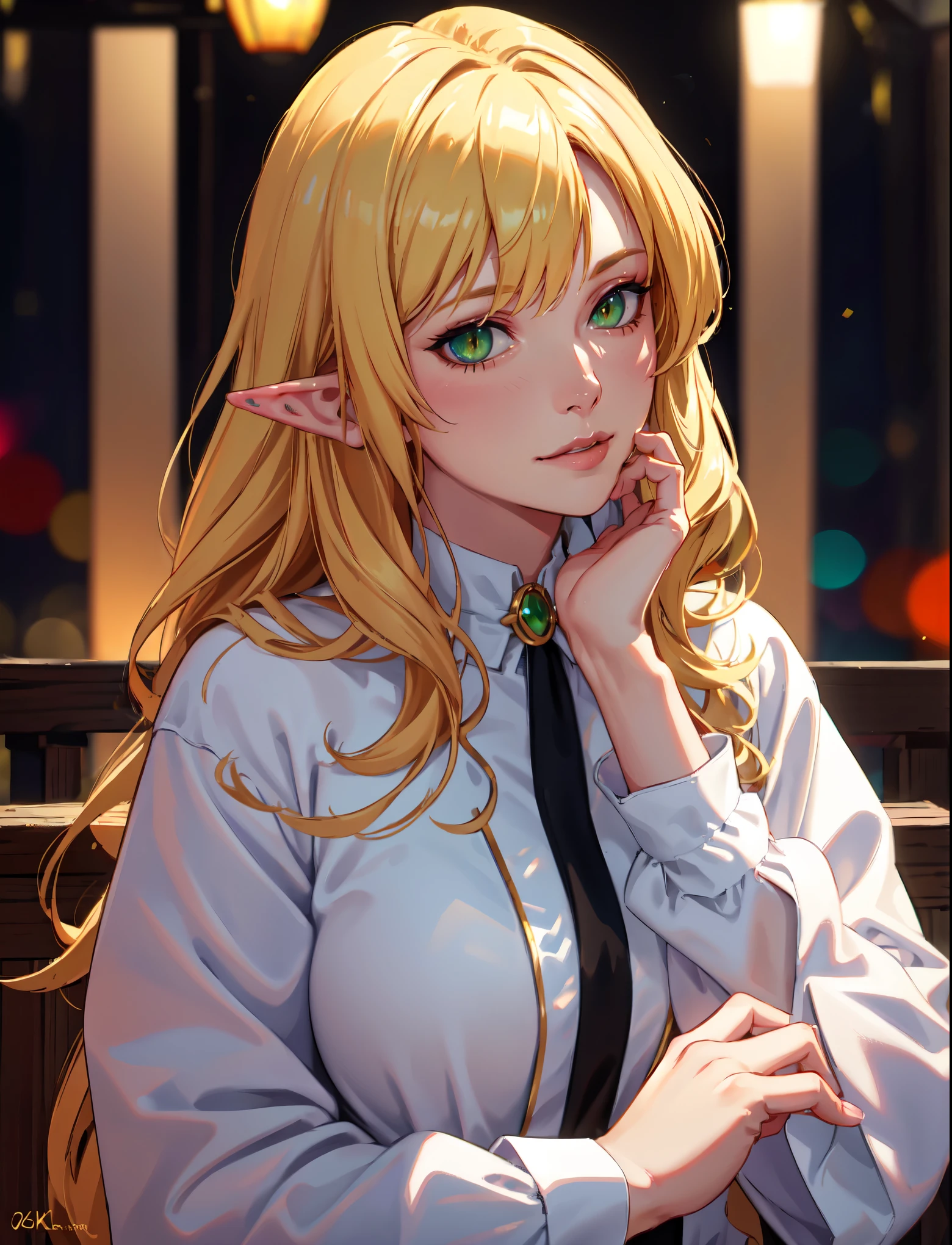 A mature female, green eyes,elf ears, naughty smile, closed mouth, close-up portrait, golden hair, (best quality,4k,8k,highres,masterpiece:1.2),ultra-detailed,(realistic,photorealistic,photo-realistic:1.37),HDR,UHD,studio lighting,ultra-fine painting,sharp focus,physically-based rendering,extreme detail description,professional,vivid colors,bokeh,portrait
