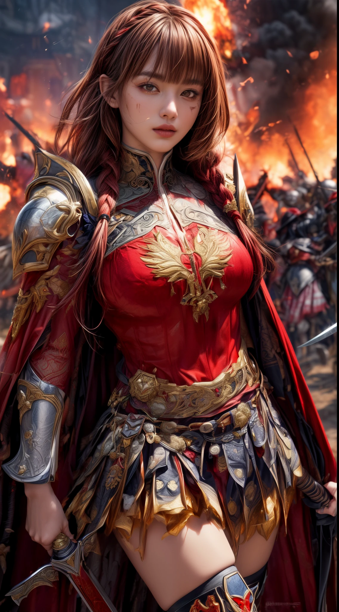 Very beautiful woman、Slender women、(Detailed face)、Realistic Skin、((Knight of Fire)), (((Red Armor:1.25)))、((((Black armor with very fine and intricate decoration))))、((Delicate photo))，(Girl Astepeace RAW Photo Details:1.25), (highest quality:1.6), (超A high resolution:1.5), (Realistic:1.75), 8K resolution, Canon EOS R5, 50mm, Absurd, Ultra-detailed,Cinema Lighting,Battlefields of Medieval Europe、((battle))、RPG World、Final Fantasy、(((Embellished skirt)))、Thigh-high socks、Shin Guards、night、((too long bangs))、((One long thick dark red hair braid))、Get six-pack、Torn Cloak、Beautiful Armor、(((Giant Sword)))、In combat、The wind is blowing、(((Inferno filling the entire area)))、(((Leading a large group of red knights)))、(((Knight Commander)))、Armor with a Phoenix motif、Old scar on right cheek:1.2、((Fire blaze))、(((Battle Scene)))、((nsfw))