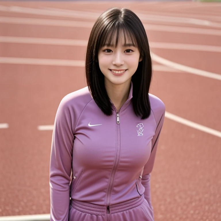 (kawaii 24 year-old Japanese girl, Nogizaka idol, Korean idol, track and field player), healthy female athlete body, glossy black hair, (very short hair, bangs:1.2), beautiful black eyes, rounded face, single eyelid, (no makeup:1.2), (big laughing), (light pink half zipped track suits:1.3), extra small breasts, BREAK, (track and field stadium background, summer sunlights:1.2), (dynamic angle, bust shot:1.2), BREAK, (masterpiece, best quality, photo realistic, official art:1.4), (UHD, 8K quality wallpaper, high resolution, raw photo, golden ratio:1.3), (shiny skin), professional lighting, physically based rendering, award winning, (highly detailed skin texture, extremely detailed face and eyes textures), Carl Zeiss 85 mm F/1.4, depth of field, (1girl, solo),