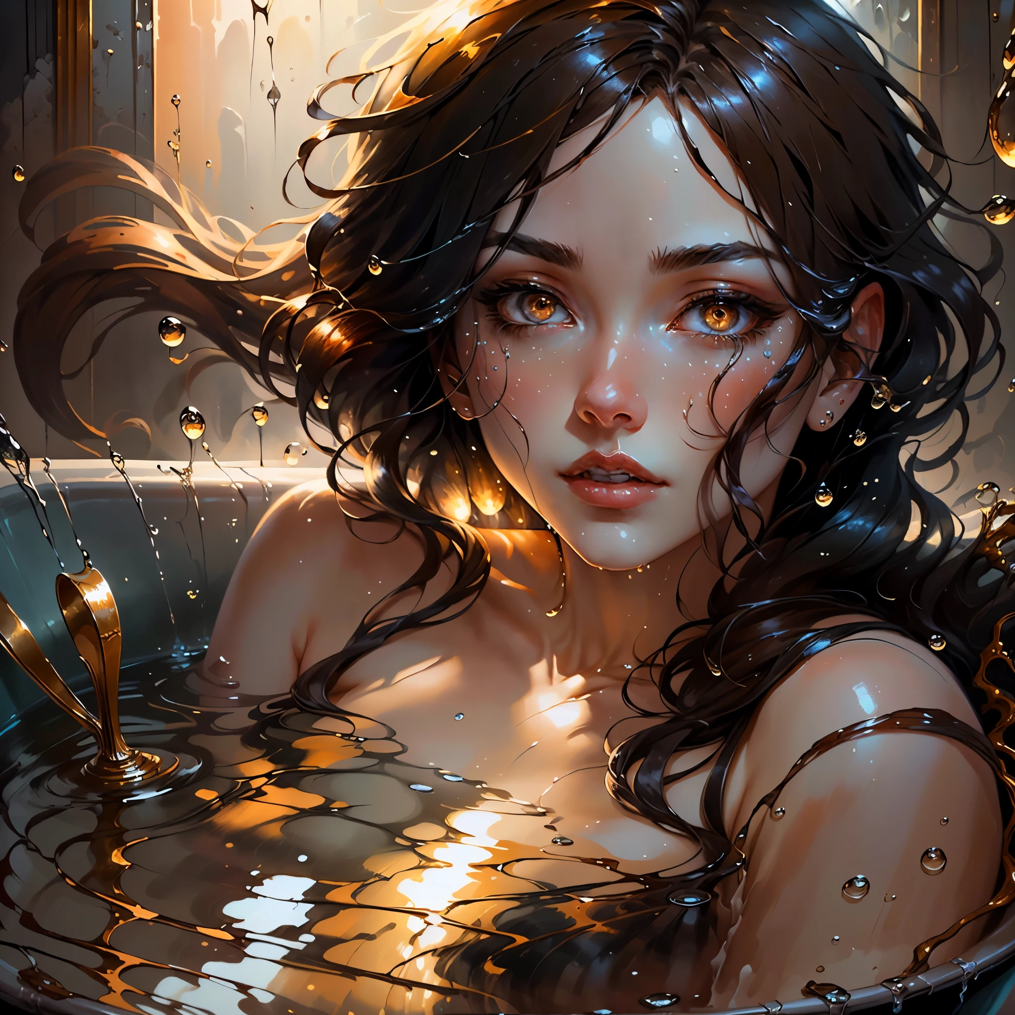 a close up of a woman in a bathtub with water droplets, golden water droplets, oil painting, large rough brush strokes, rough textures, beautiful detailed painting 4k, beautiful art uhd 4k, glossy digital painting, gorgeous digital painting, stunning digital illustration