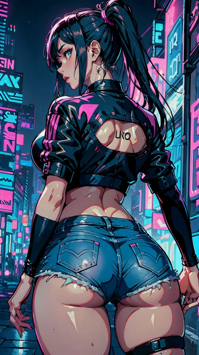 (Hinata Hyuga, Very sensual, In tight clothes, Big Ass, Thick legs, Jean Shorts, Wearing a mini blouse, Navel comes out, Long Hair, Rear speakers, Very realistic, View of the Cyberpunk City, Clearly defined lines, Neon Lights Very Sexy, 8k, 8k Very detailed), (Very delicate and beautiful), (masterpiece), (Better Quality: 1.0), (Ultra-high resolution:1.0), ((Synthwave Background Theme))